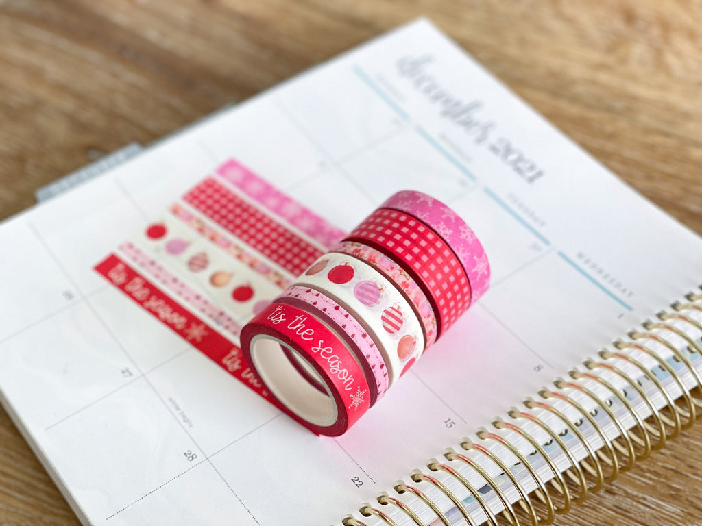 Christmas Tis The Season Pink & Red Snowflakes Holiday Washi Tape Set (#W036)