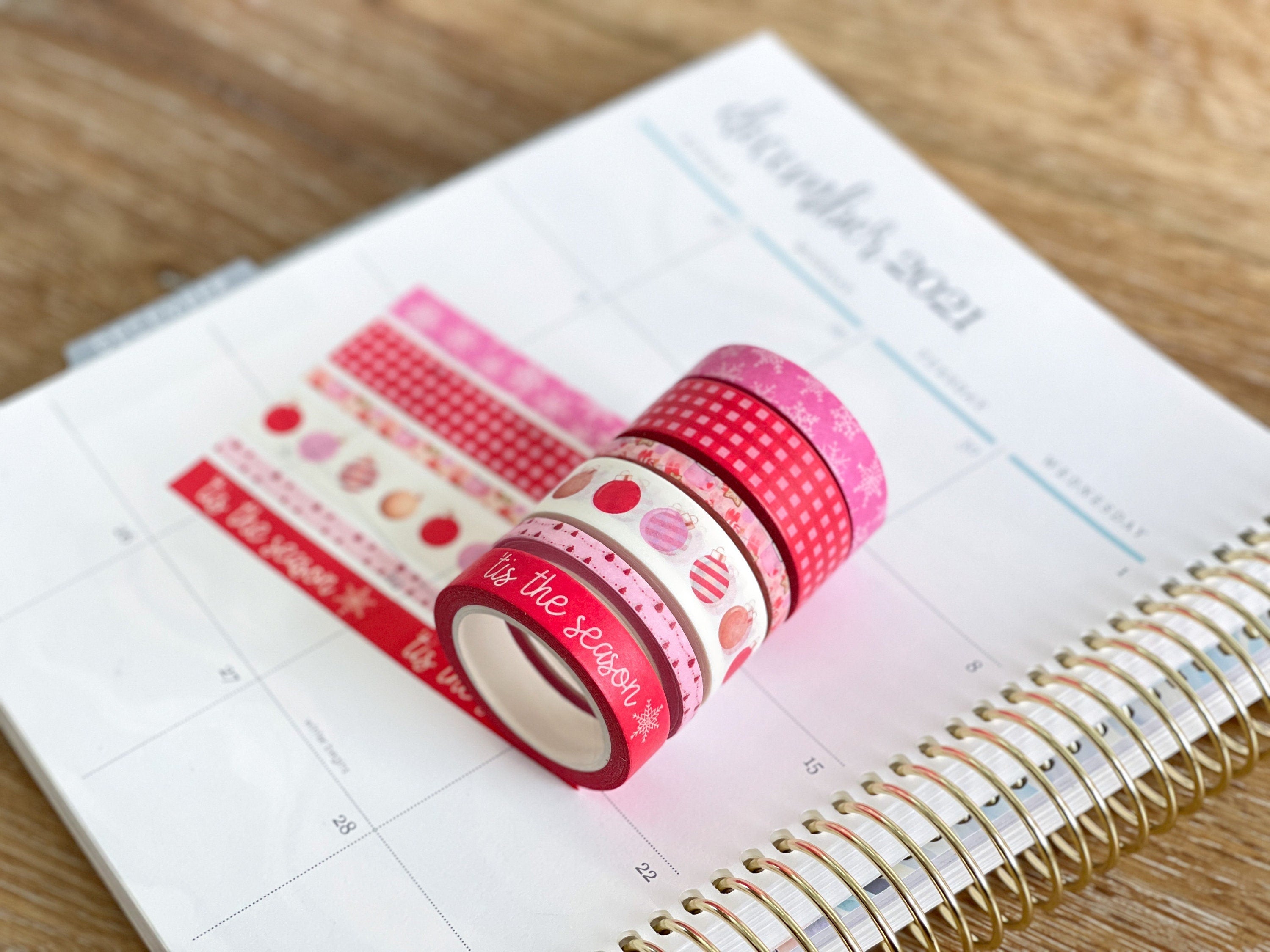 Christmas Tis The Season Pink & Red Snowflakes Holiday Washi Tape Set (#W036)