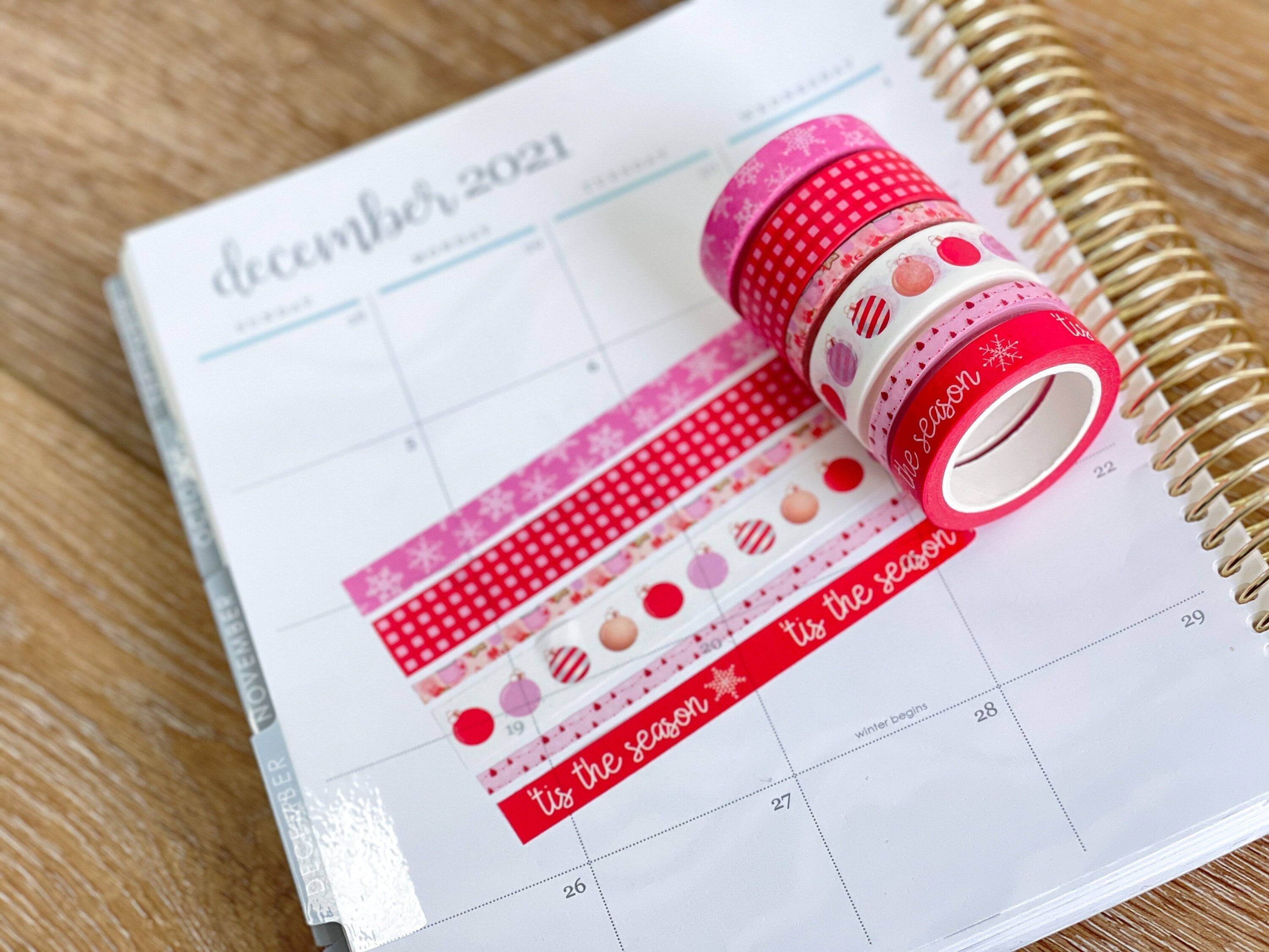 Christmas Tis The Season Pink & Red Snowflakes Holiday Washi Tape Set (#W036)