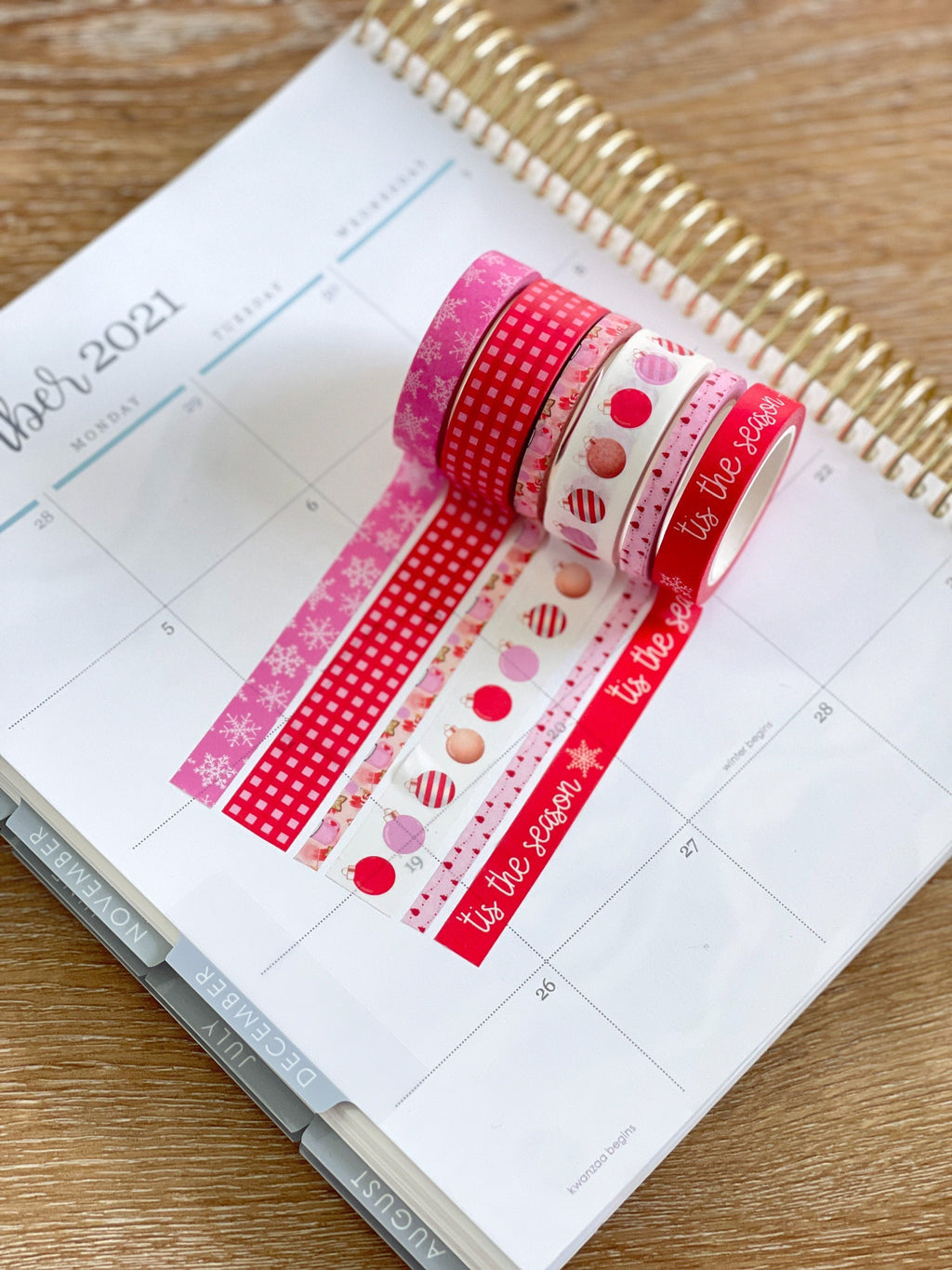 Christmas Tis The Season Pink & Red Snowflakes Holiday Washi Tape Set (#W036)