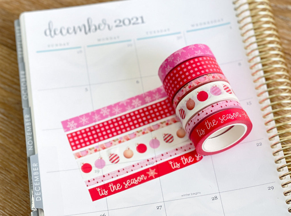 Christmas Tis The Season Pink & Red Snowflakes Holiday Washi Tape Set (#W036)