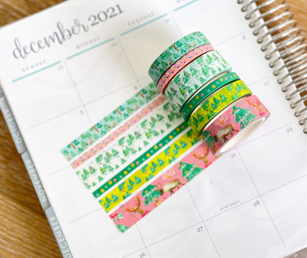 Christmas Washi Deer Reindeer Bright Pink & Green Lights Holiday Washi Tape Set  (#W037)