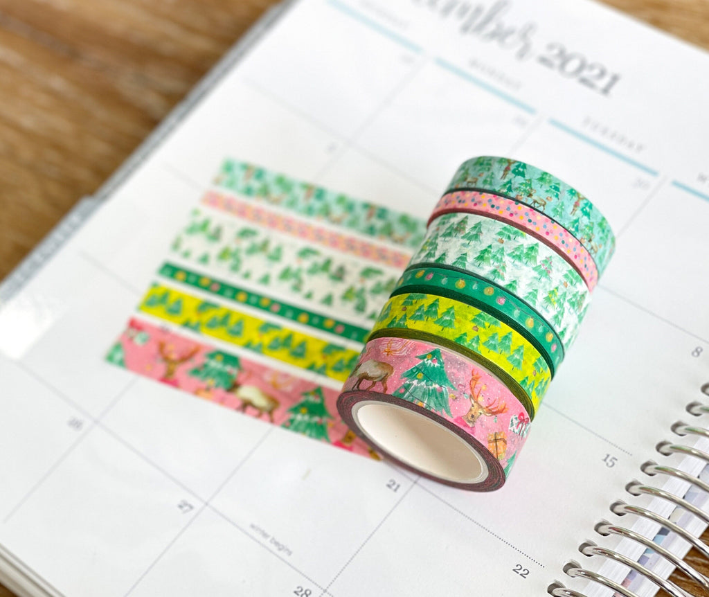Christmas Washi Deer Reindeer Bright Pink & Green Lights Holiday Washi Tape Set  (#W037)