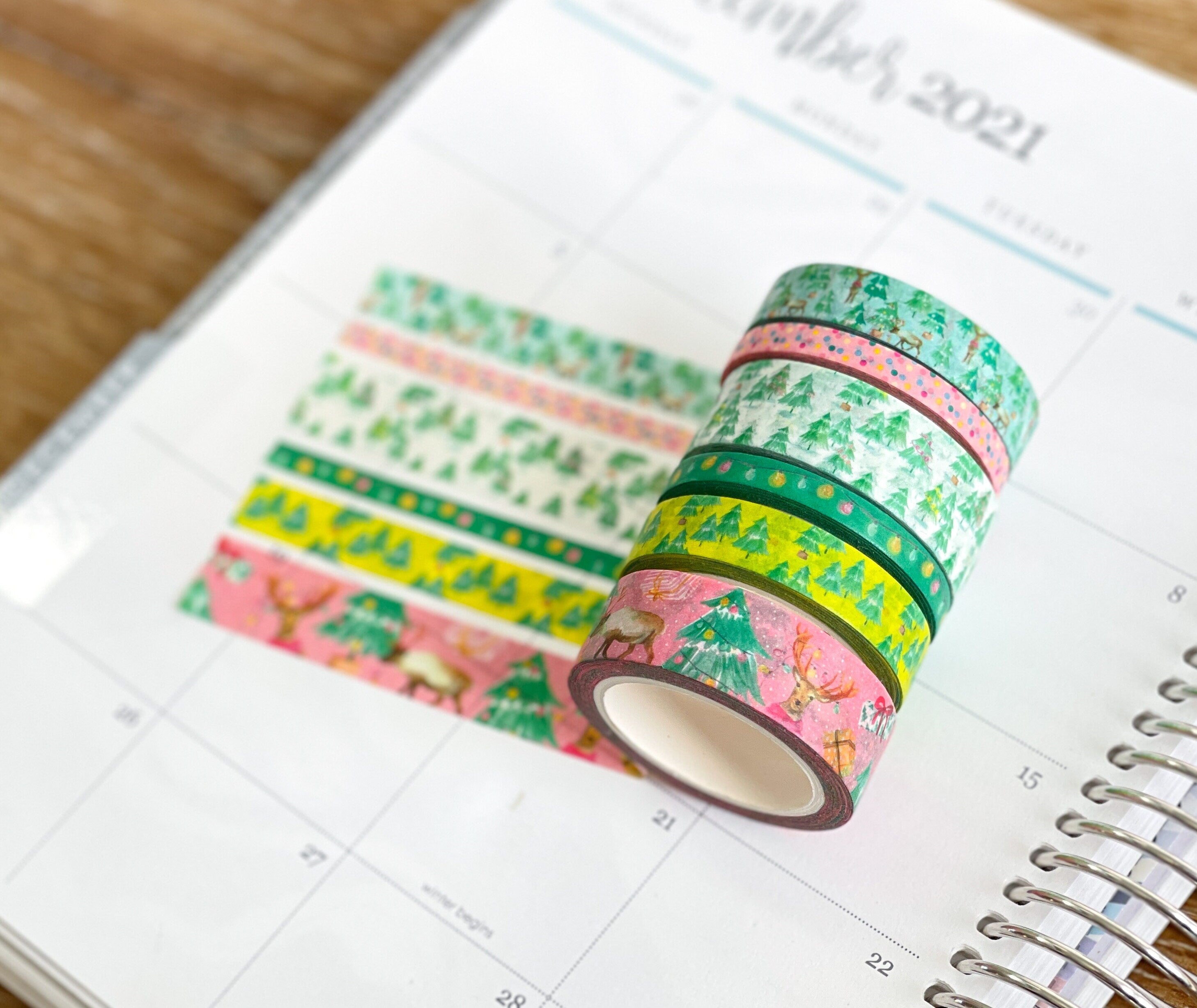 Christmas Washi Deer Reindeer Bright Pink & Green Lights Holiday Washi Tape Set  (#W037)
