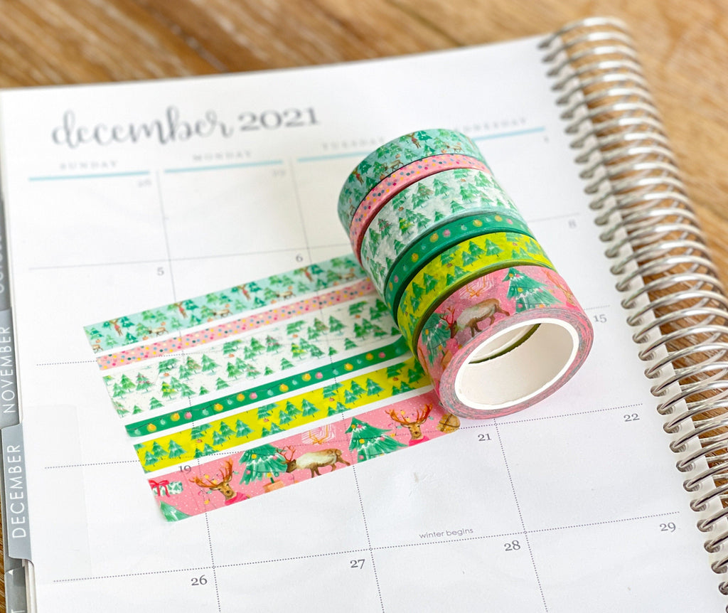 Christmas Washi Deer Reindeer Bright Pink & Green Lights Holiday Washi Tape Set  (#W037)