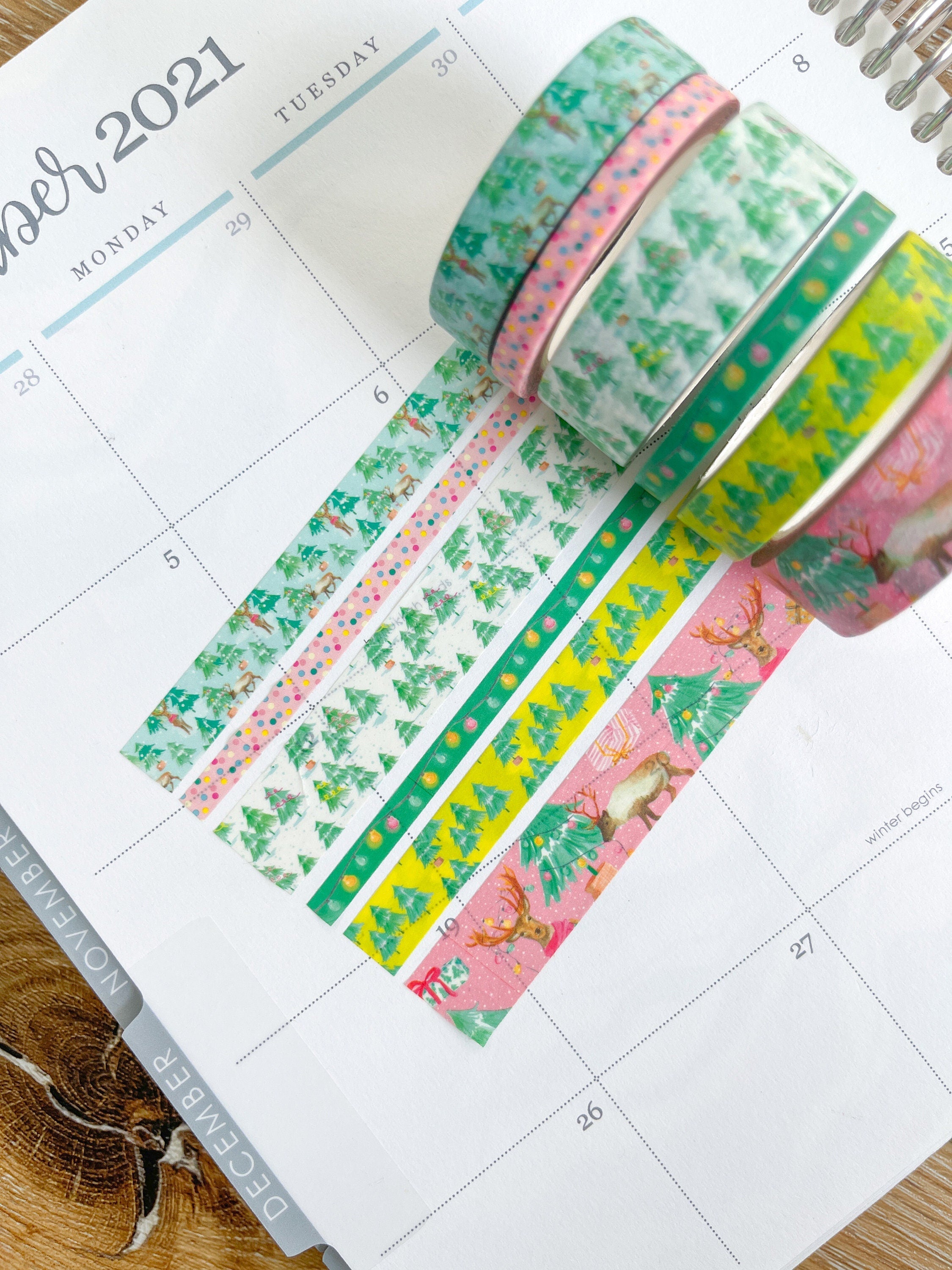 Christmas Washi Deer Reindeer Bright Pink & Green Lights Holiday Washi Tape Set  (#W037)