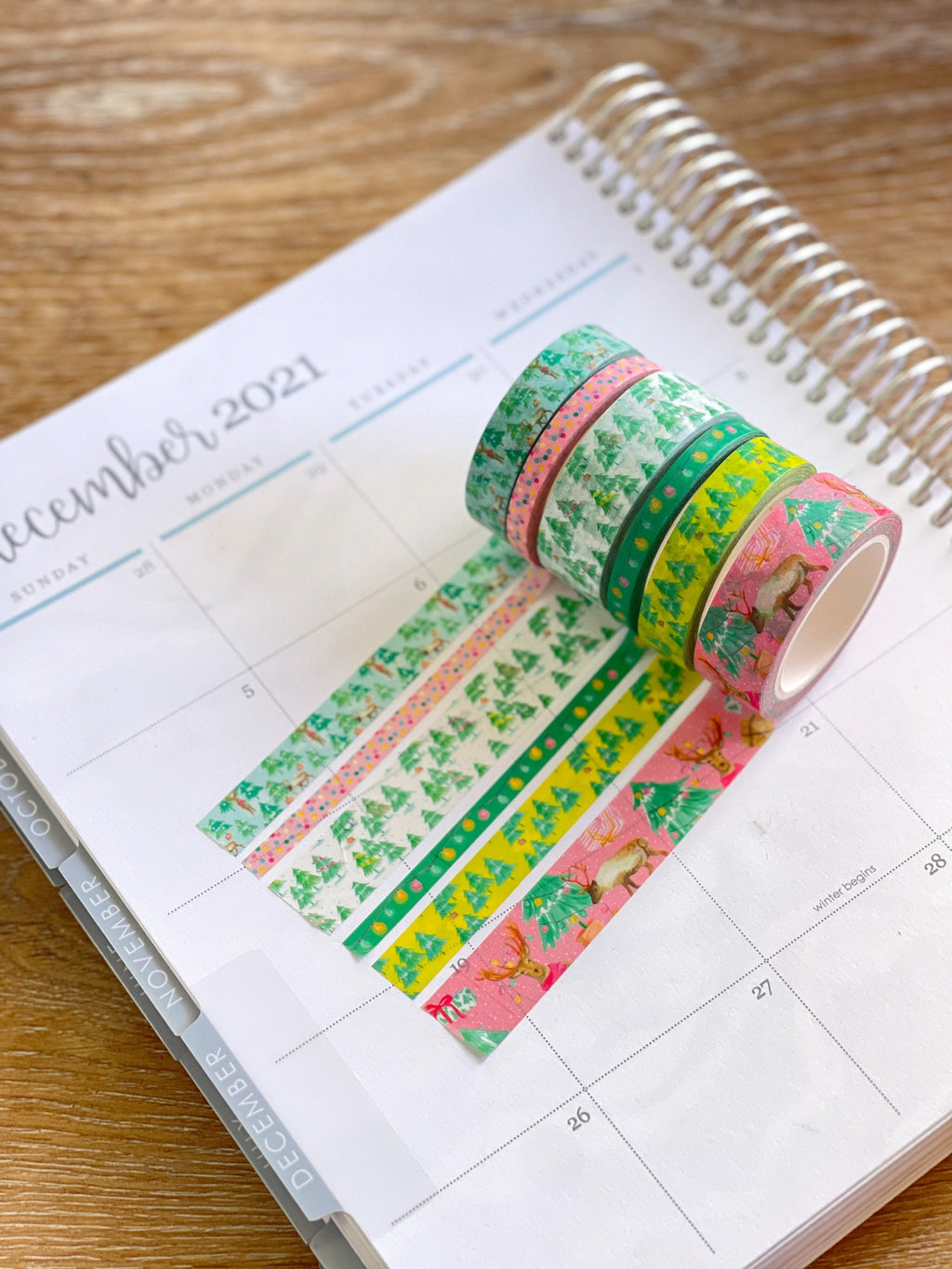 Christmas Washi Deer Reindeer Bright Pink & Green Lights Holiday Washi Tape Set  (#W037)