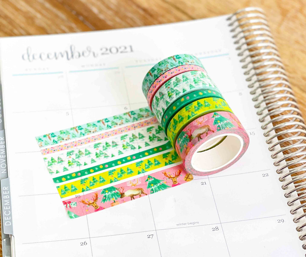 Christmas Washi Deer Reindeer Bright Pink & Green Lights Holiday Washi Tape Set  (#W037)