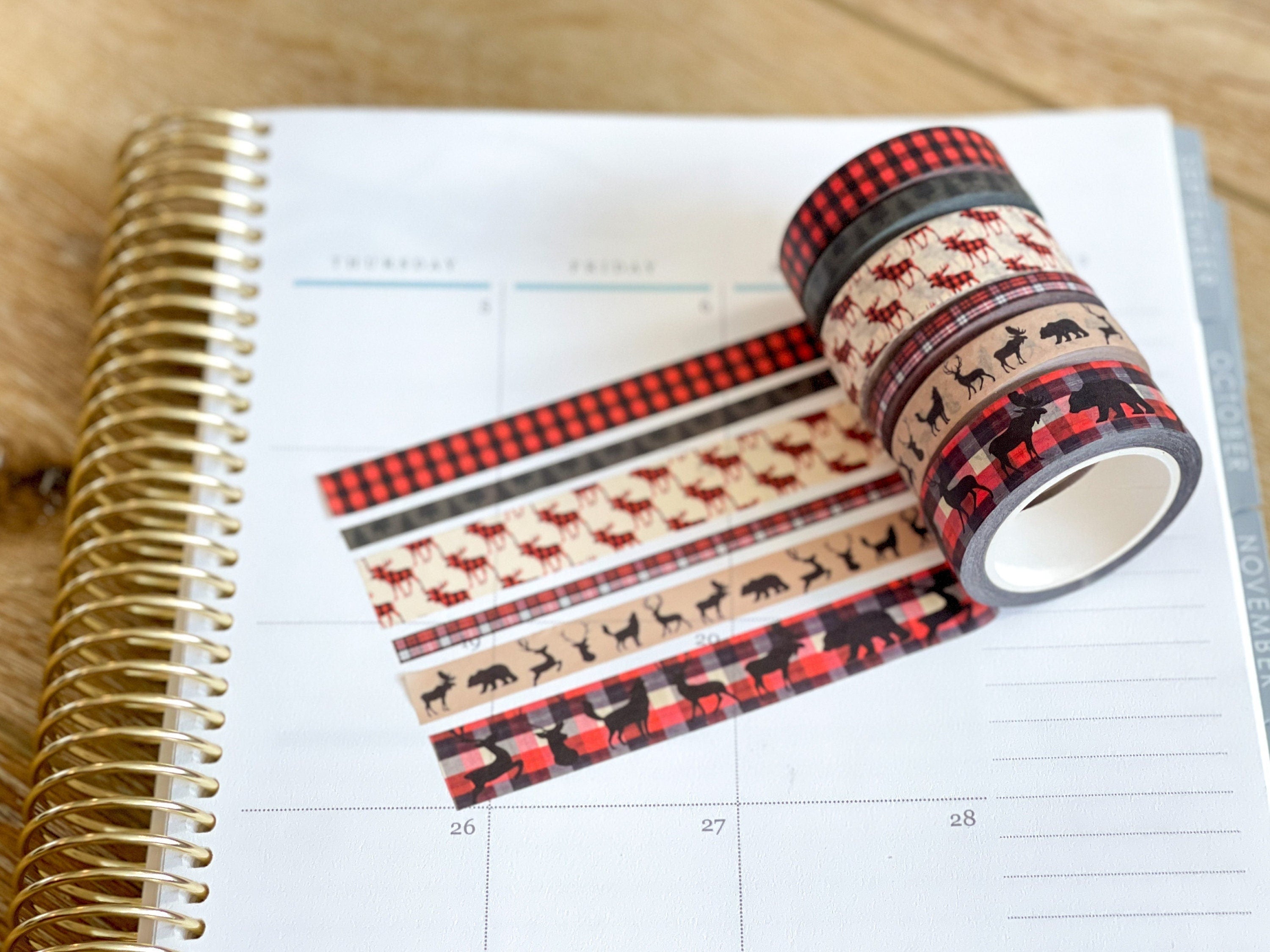 Christmas Buffalo Plaid Deer Holiday Red & Black Washi Tape Set (#W038)