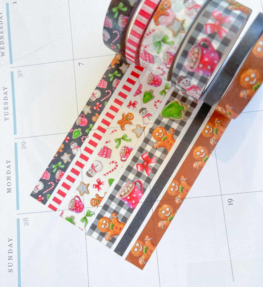 Gingerbread & Candy Canes Plaid Christmas Holiday Red & Green Washi Tape Set (#W039)