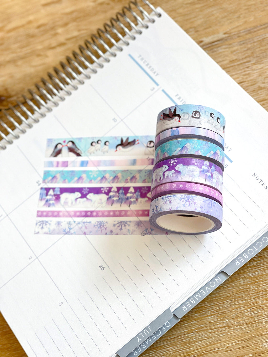 Penguins Polar Bears Snowflakes Purple & Blue Winter Snow Animals Washi Tape Set (#W041)