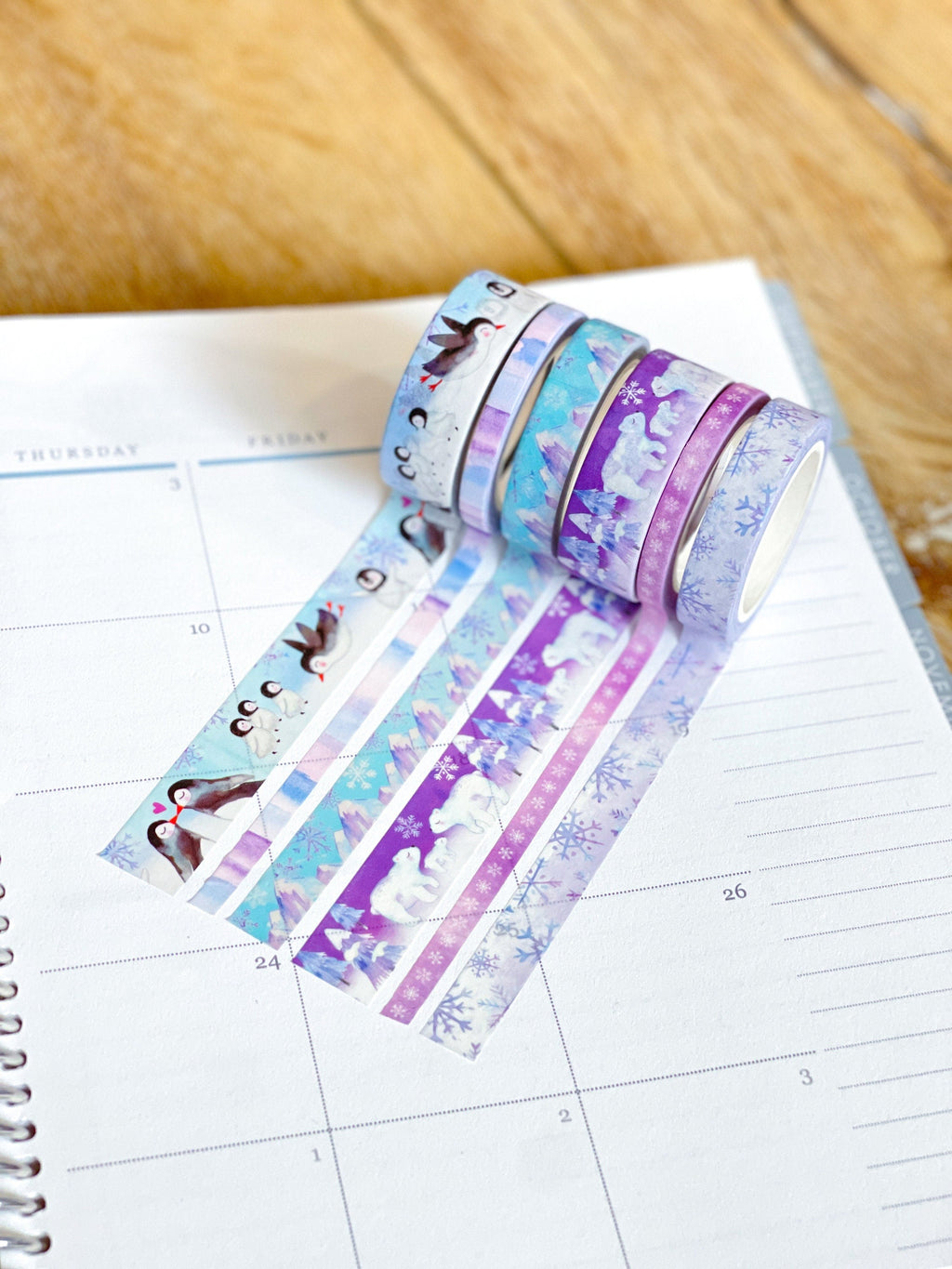 Penguins Polar Bears Snowflakes Purple & Blue Winter Snow Animals Washi Tape Set (#W041)