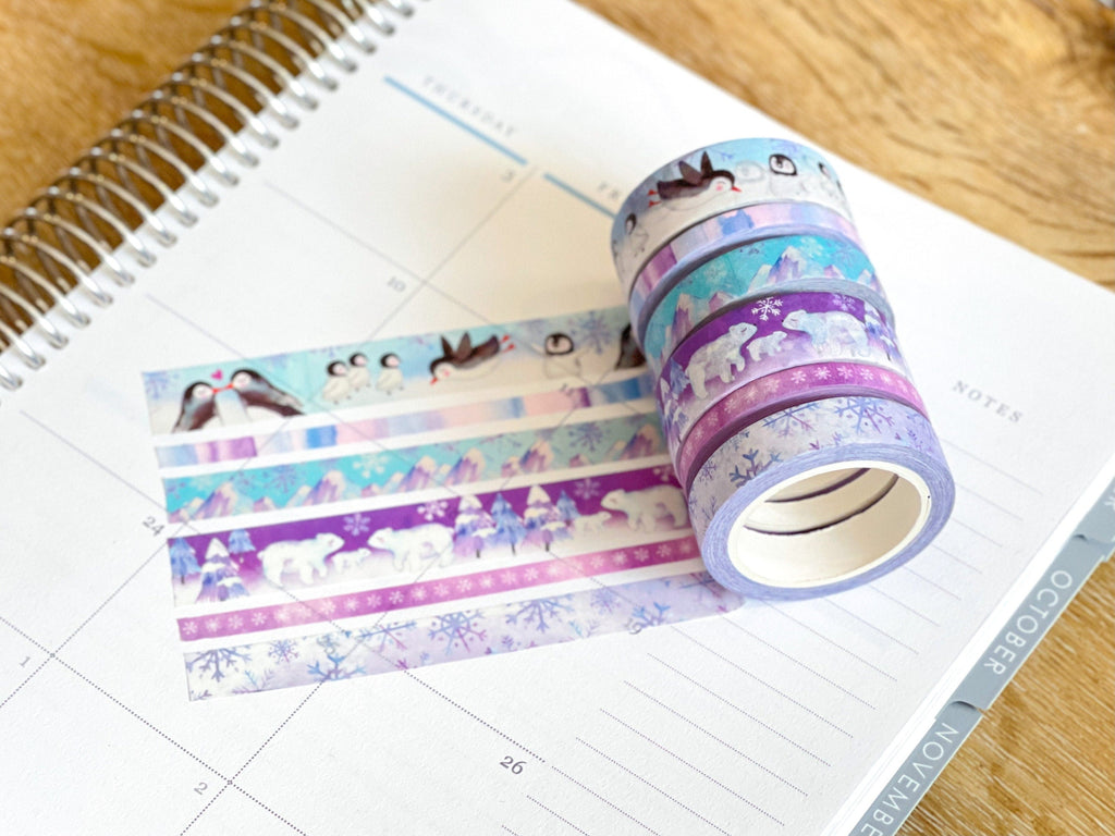 Penguins Polar Bears Snowflakes Purple & Blue Winter Snow Animals Washi Tape Set (#W041)