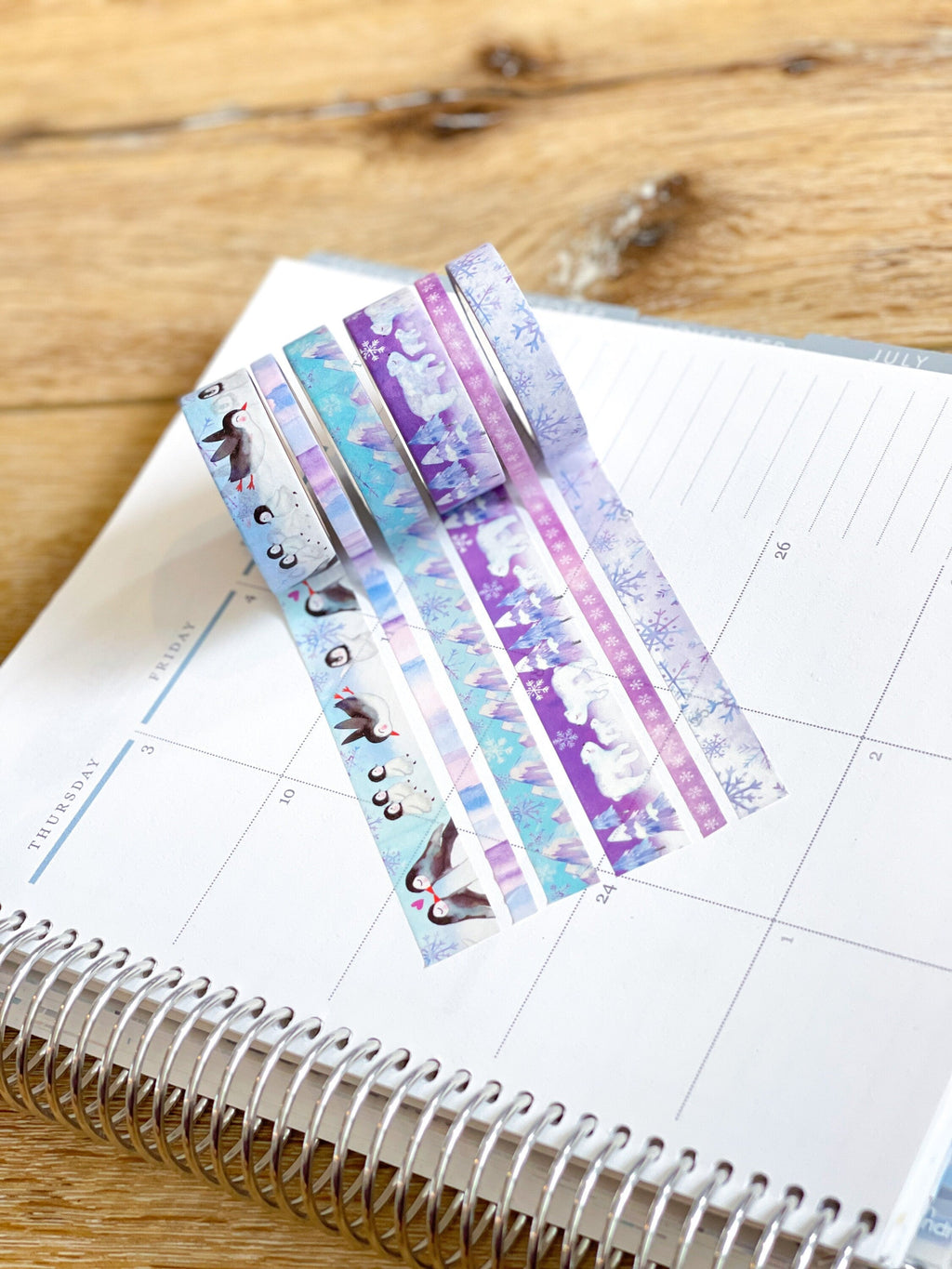 Penguins Polar Bears Snowflakes Purple & Blue Winter Snow Animals Washi Tape Set (#W041)