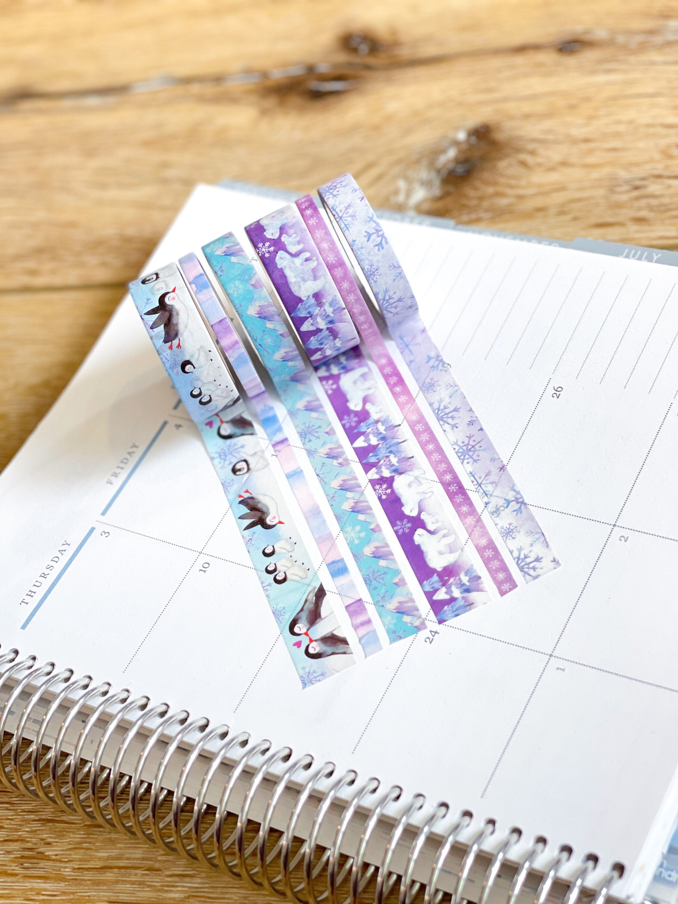 Penguins Polar Bears Snowflakes Purple & Blue Winter Snow Animals Washi Tape Set (#W041)