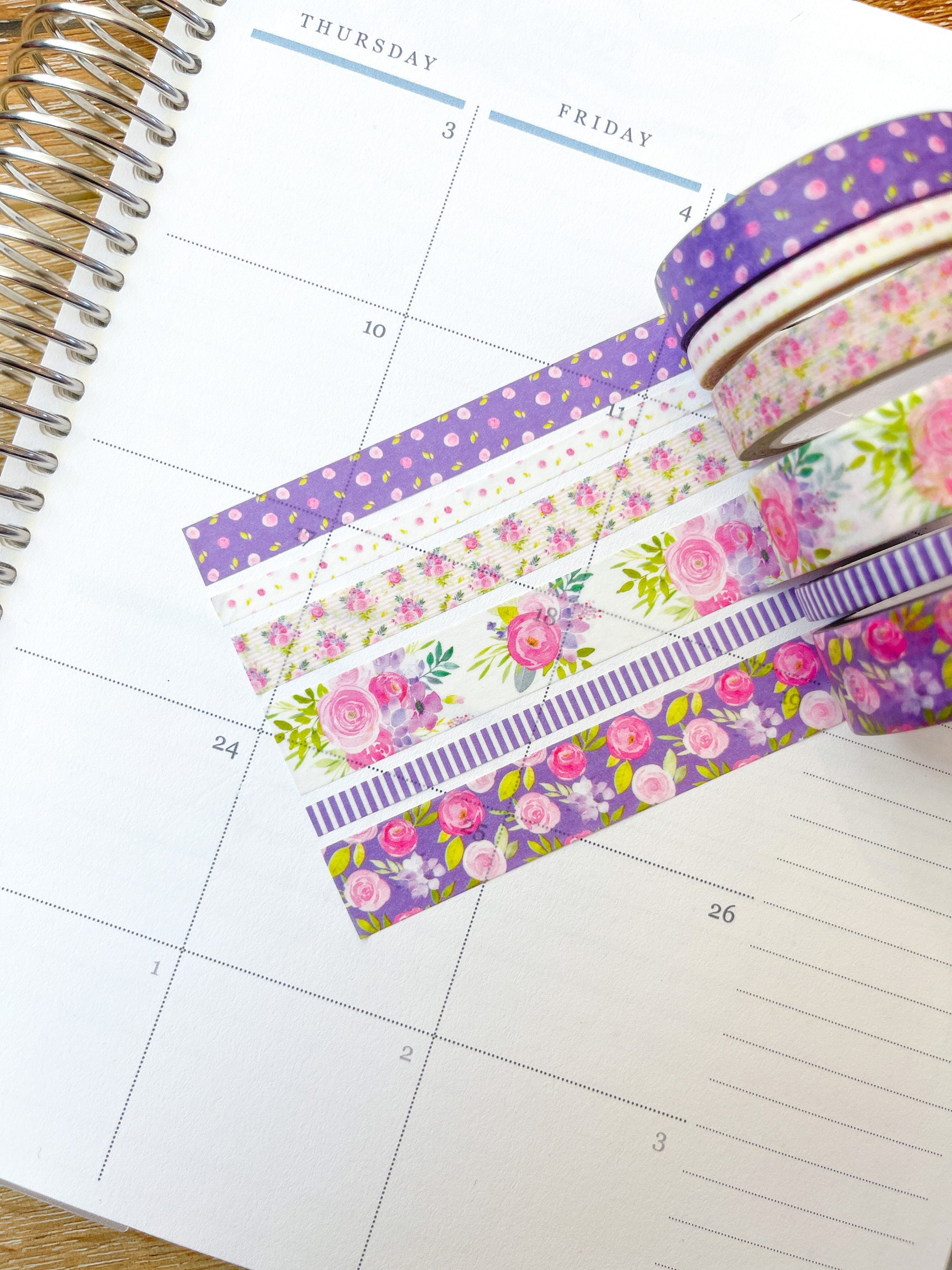 Purple Flowers & Stripes Spring Floral Washi Tape Set (#W046)