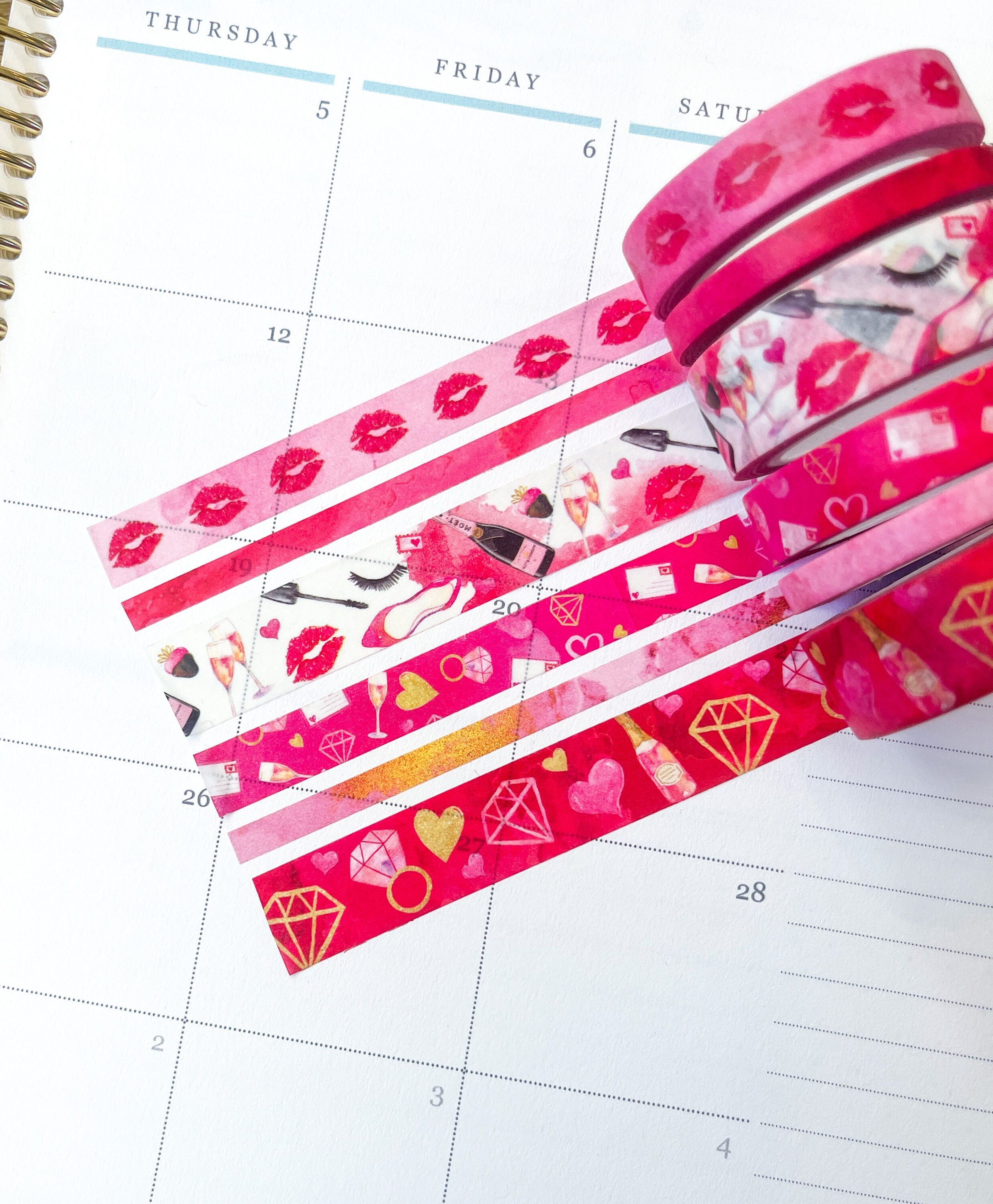 Valentine's Day Red & Pink Lips Hearts Date Night Anniversary Washi Tape Set (#W047)