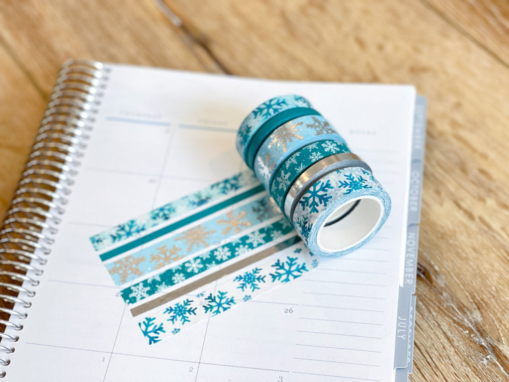 FOILED Teal & Silver Snowflakes Snowy Winter Washi Tape Set (#W005)