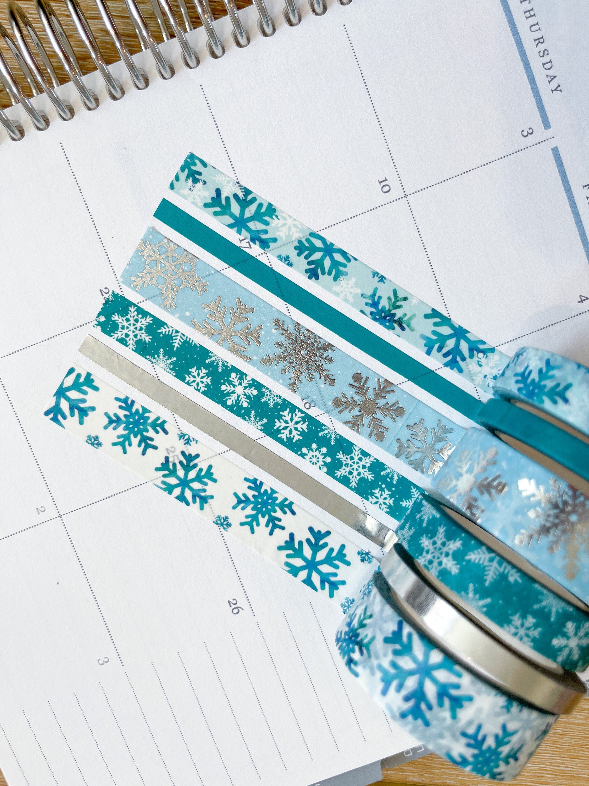 FOILED Teal & Silver Snowflakes Snowy Winter Washi Tape Set (#W005)
