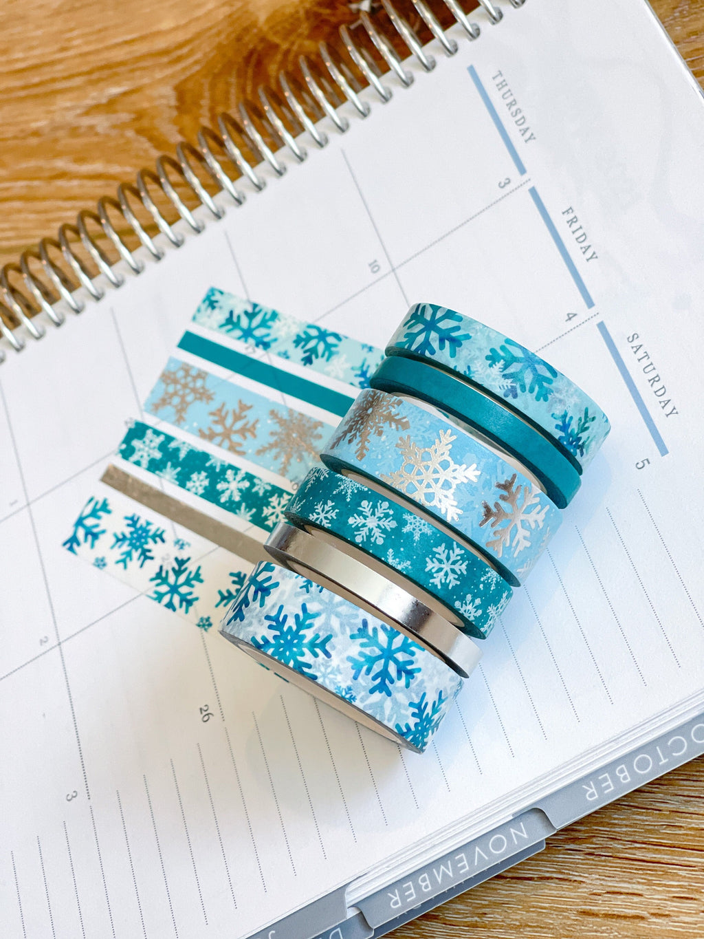 FOILED Teal & Silver Snowflakes Snowy Winter Washi Tape Set (#W005)
