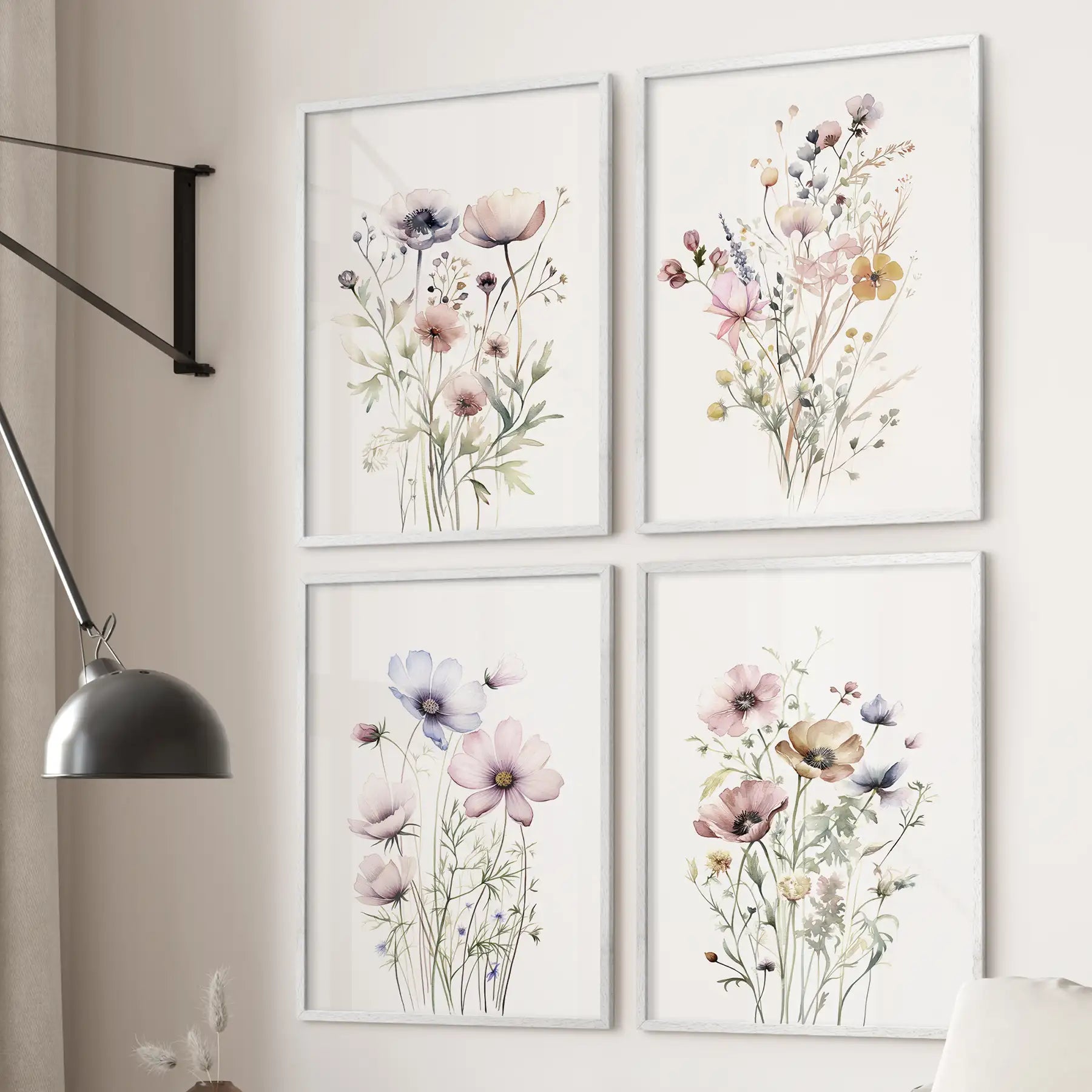 Neutral Floral Wall Art Set of 4. Watercolor Botanical Prints