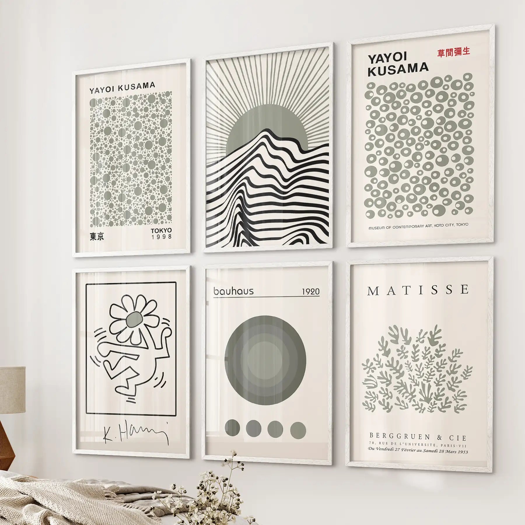 Gallery Wall Set of 6. Sage Green Bauhaus Prints Inspired by Kusama and Matisse
