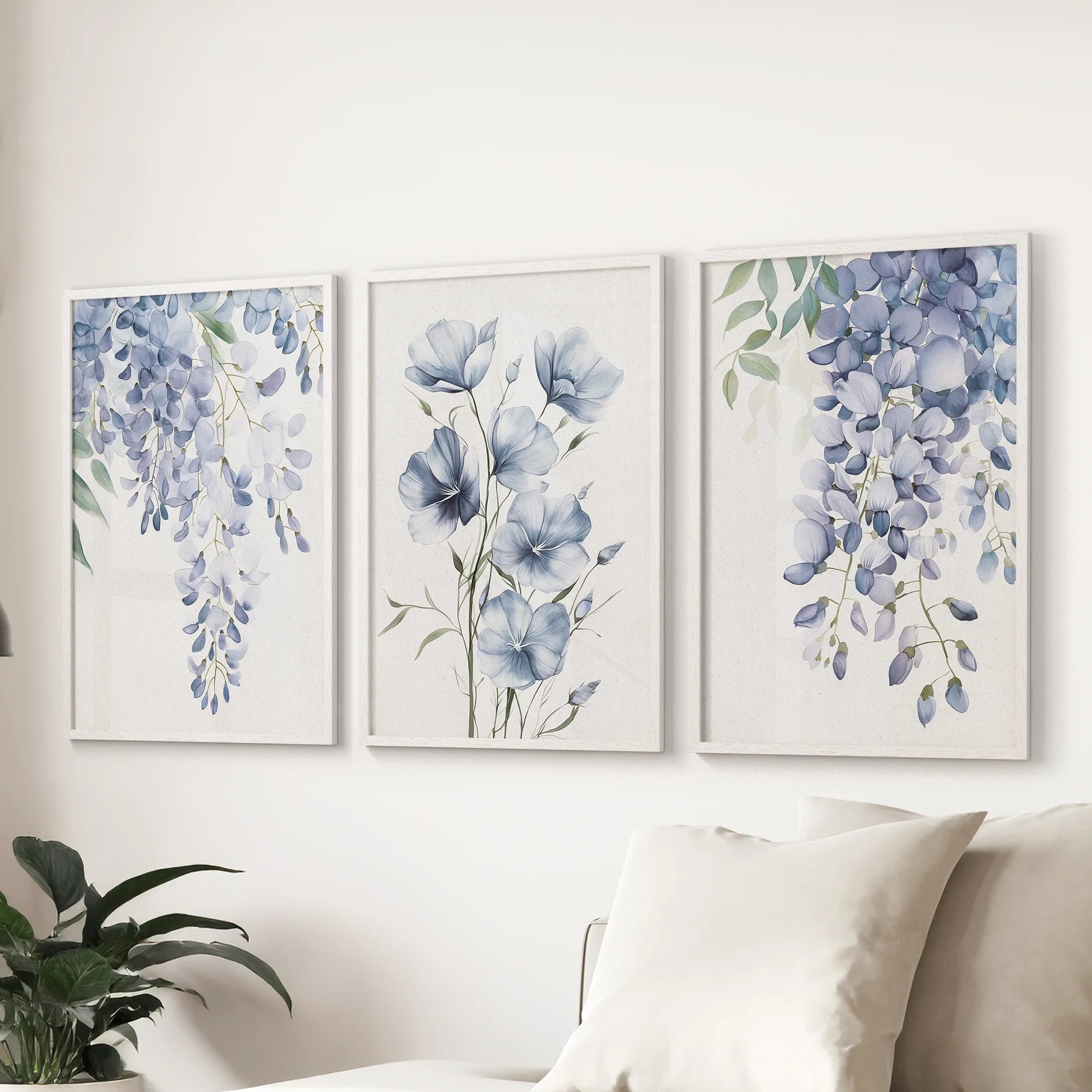 Blue Wall Art Set of 3. Wisteria, Flax Botanical Prints