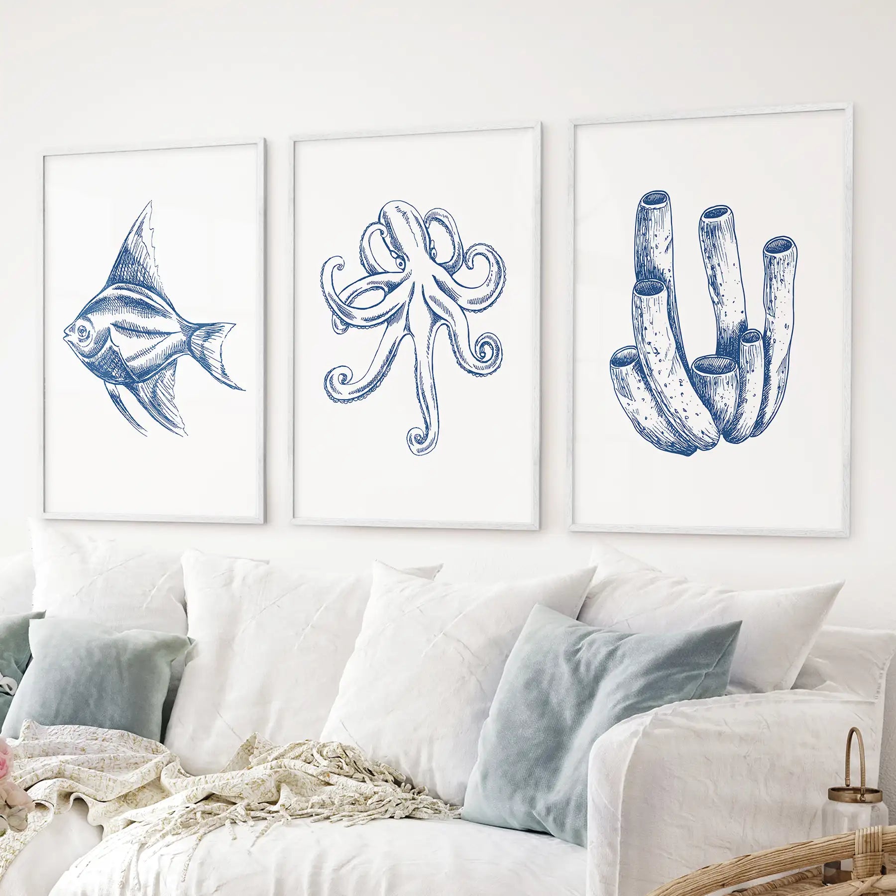 3 Piece Marine Themed Wall Art Set. Octopus, Fish, Coral