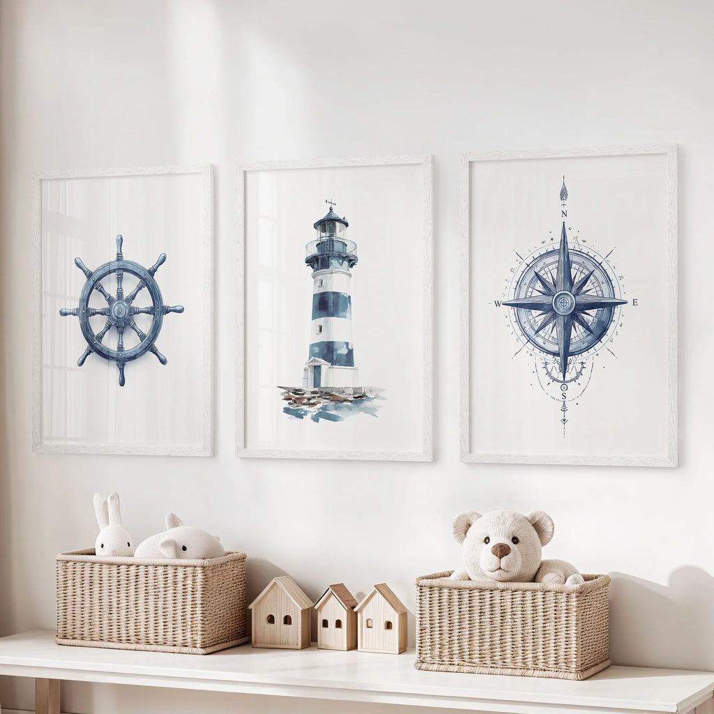 Navy Blue Nautical 3 Piece Art. Lighthouse, Compass Prints