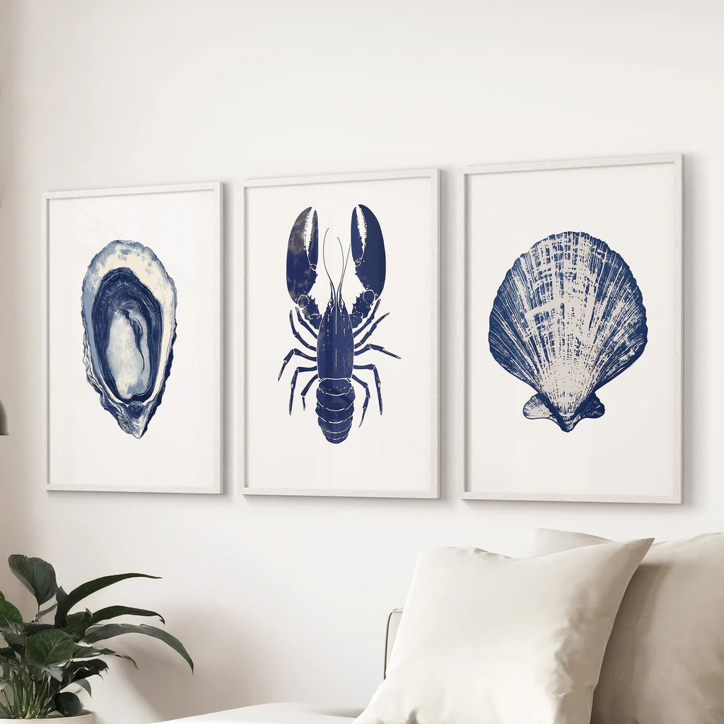 Lobster, Shell Nautical Prints.Coastal Set of 3 Piece