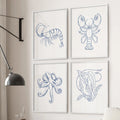 Sealife Line Art Set of 4 Prints. Lobster, Seaweed, Octopus