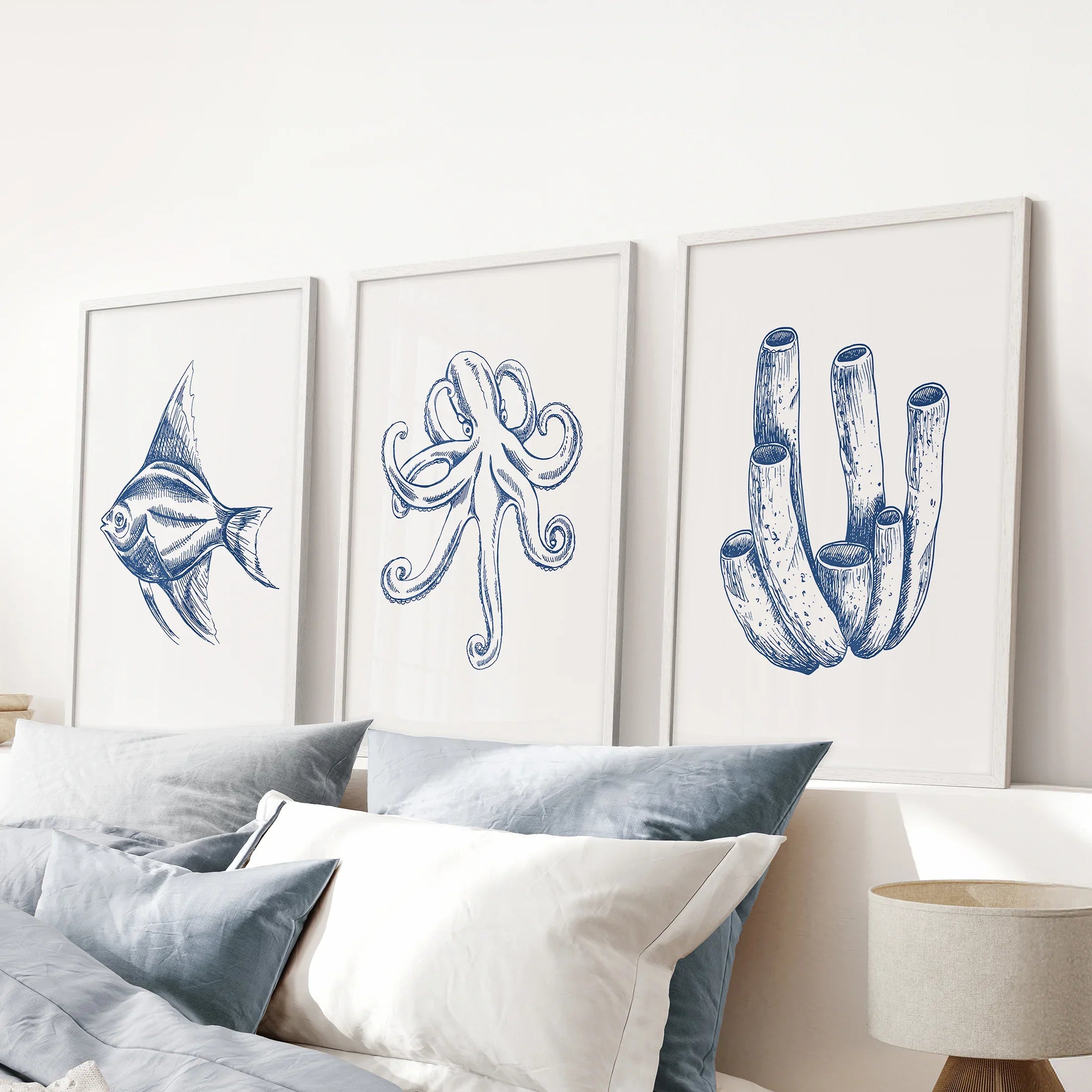 3 Piece Marine Themed Wall Art Set. Octopus, Fish, Coral