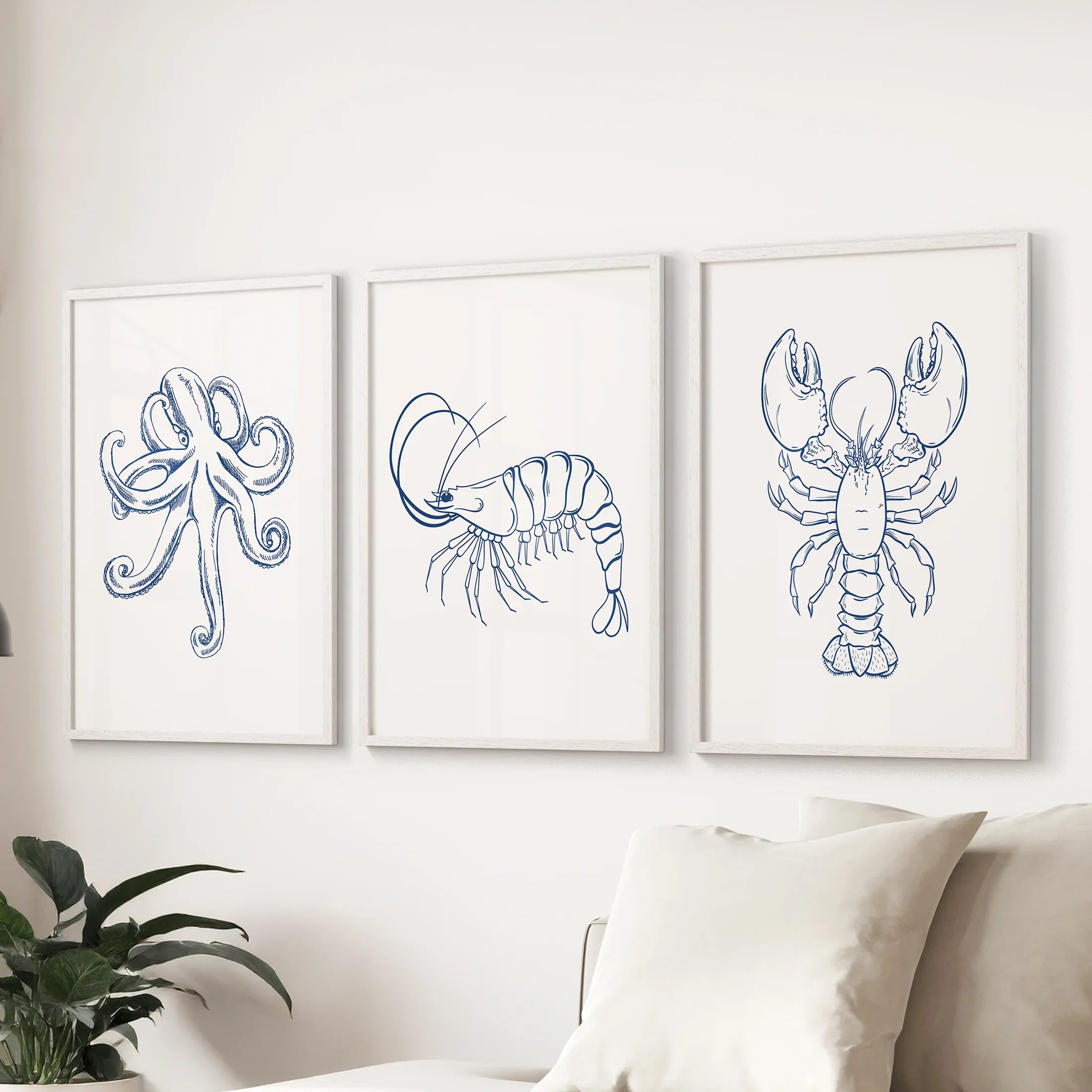 Octopus, Lobster, Crayfish Wall Art. Trendy Set of 3 Prints