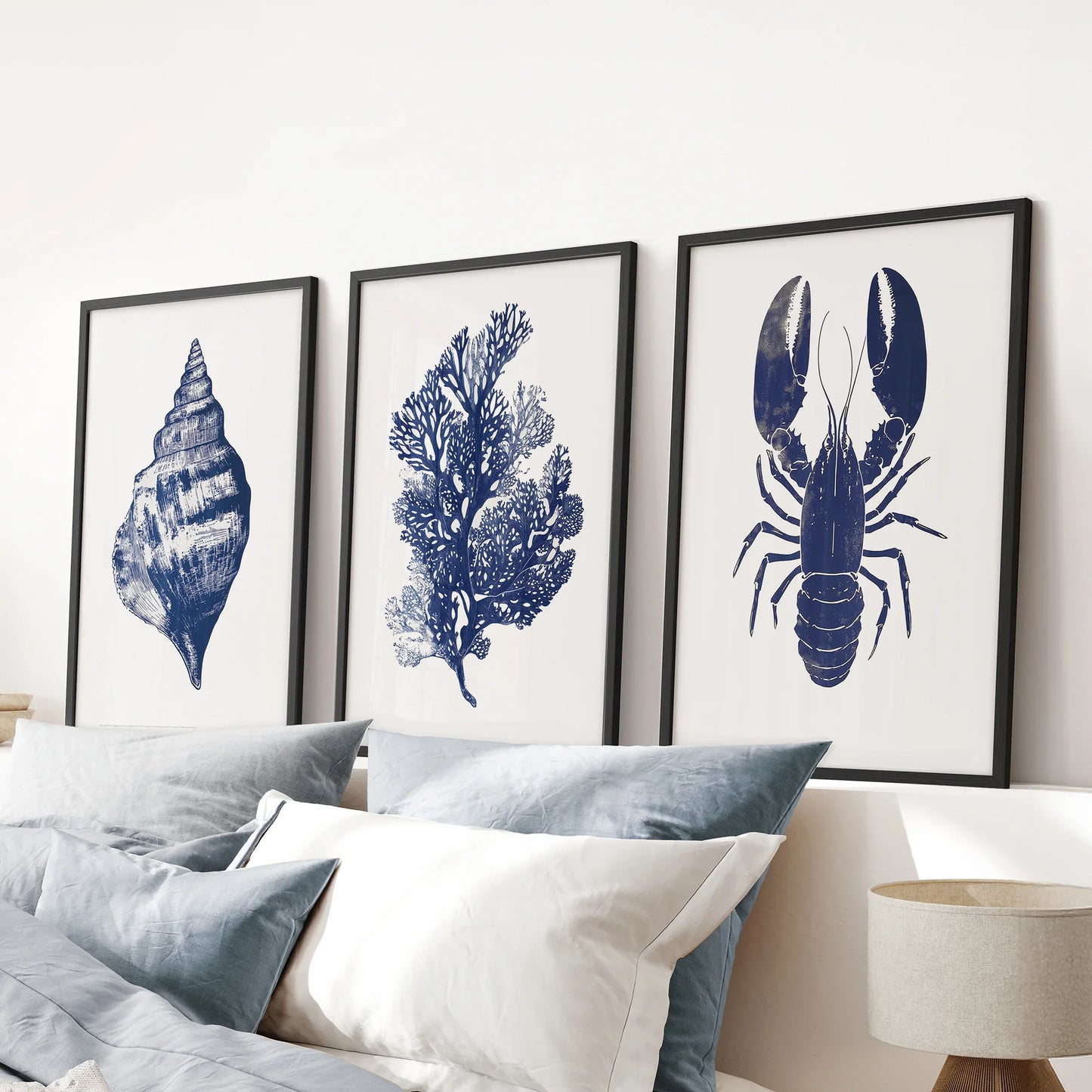 Sea Life Set of 3. Coral, Shell, Lobster Art Poster