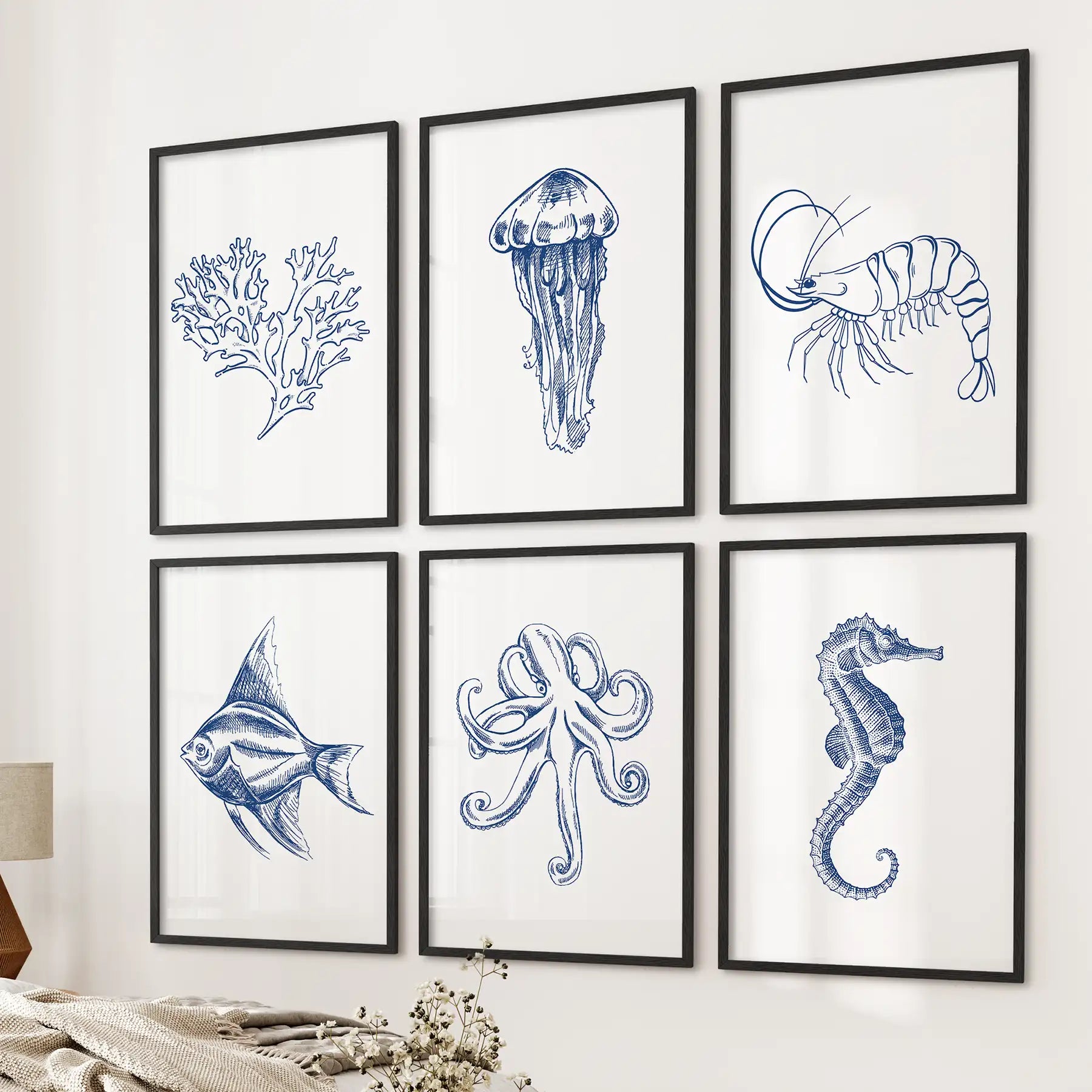 Jellyfish, Octopus, Fish Prints. Set of 6 Nautical Wall Art