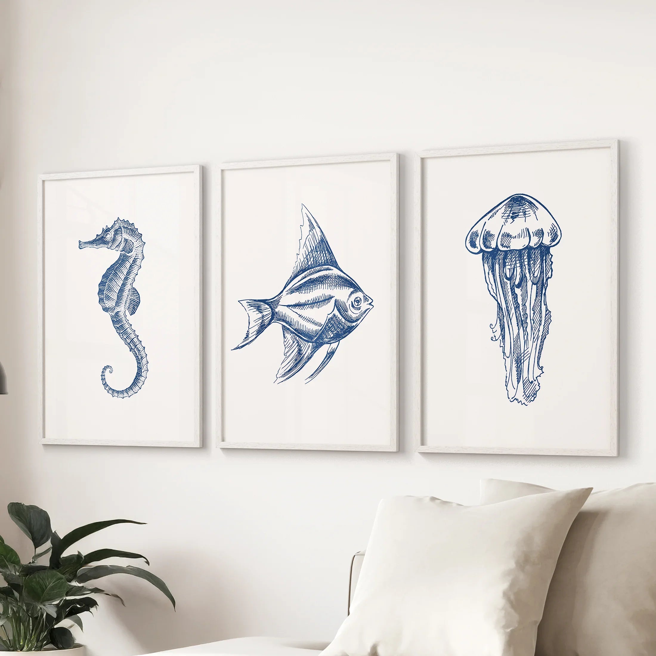 Sea Animal Posters. Seahorse, Fish, Jellyfish Art Print Set