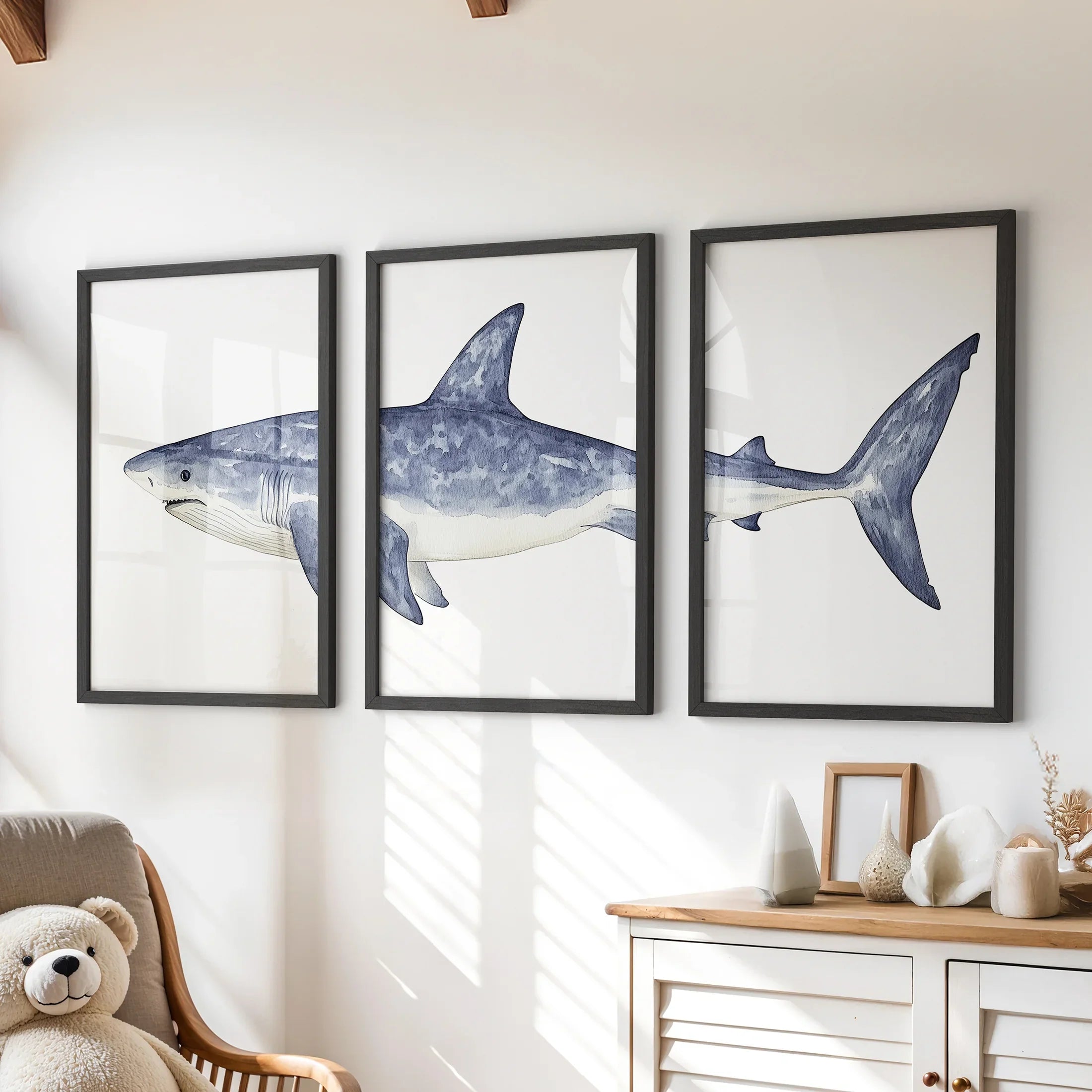 Shark Wall Art. Set of 3 Watercolor Ocean Animal Prints