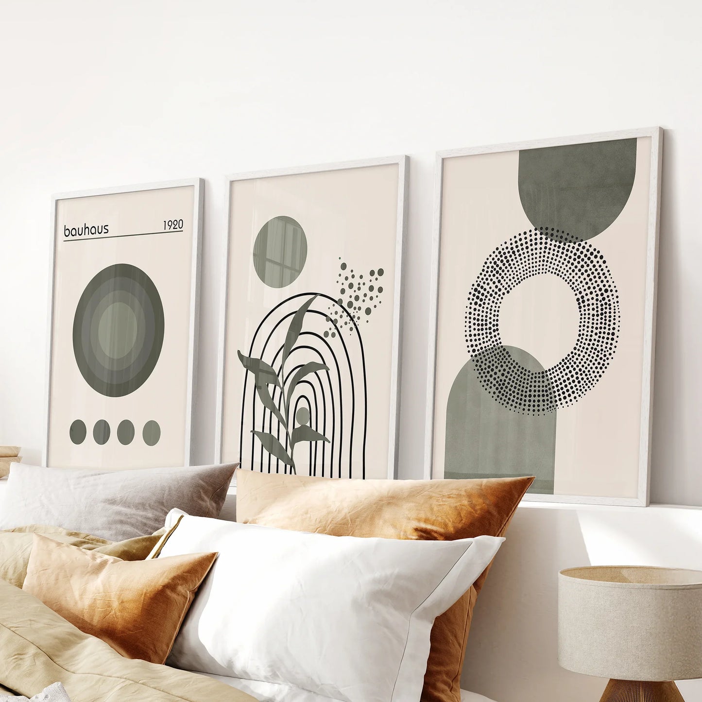 Boho Green Poster Set of 3. Bauhaus and Mid Century Abstract Prints