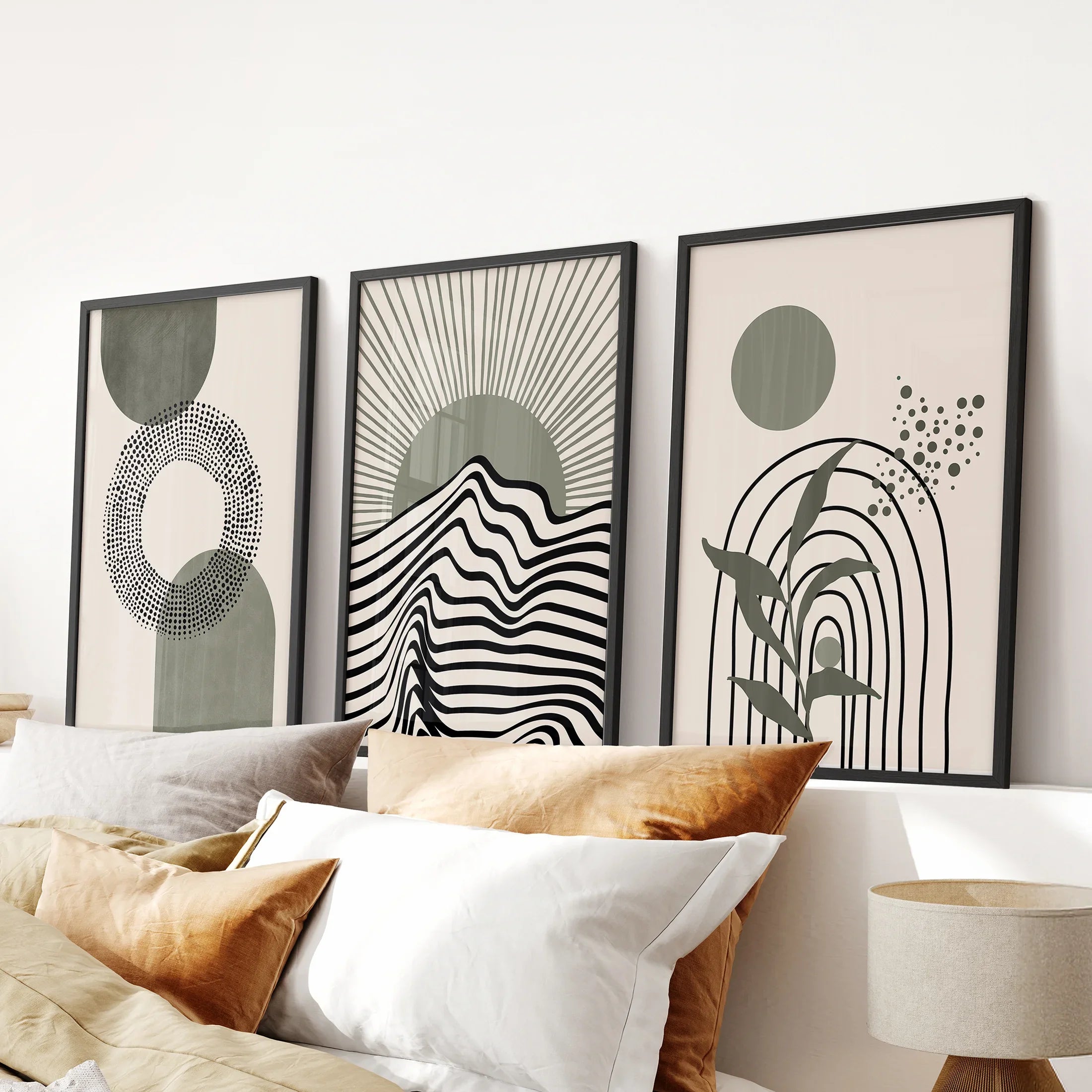 Boho Sage Green 3 Piece Wall Art. Mid-Century Art Prints for Living Room