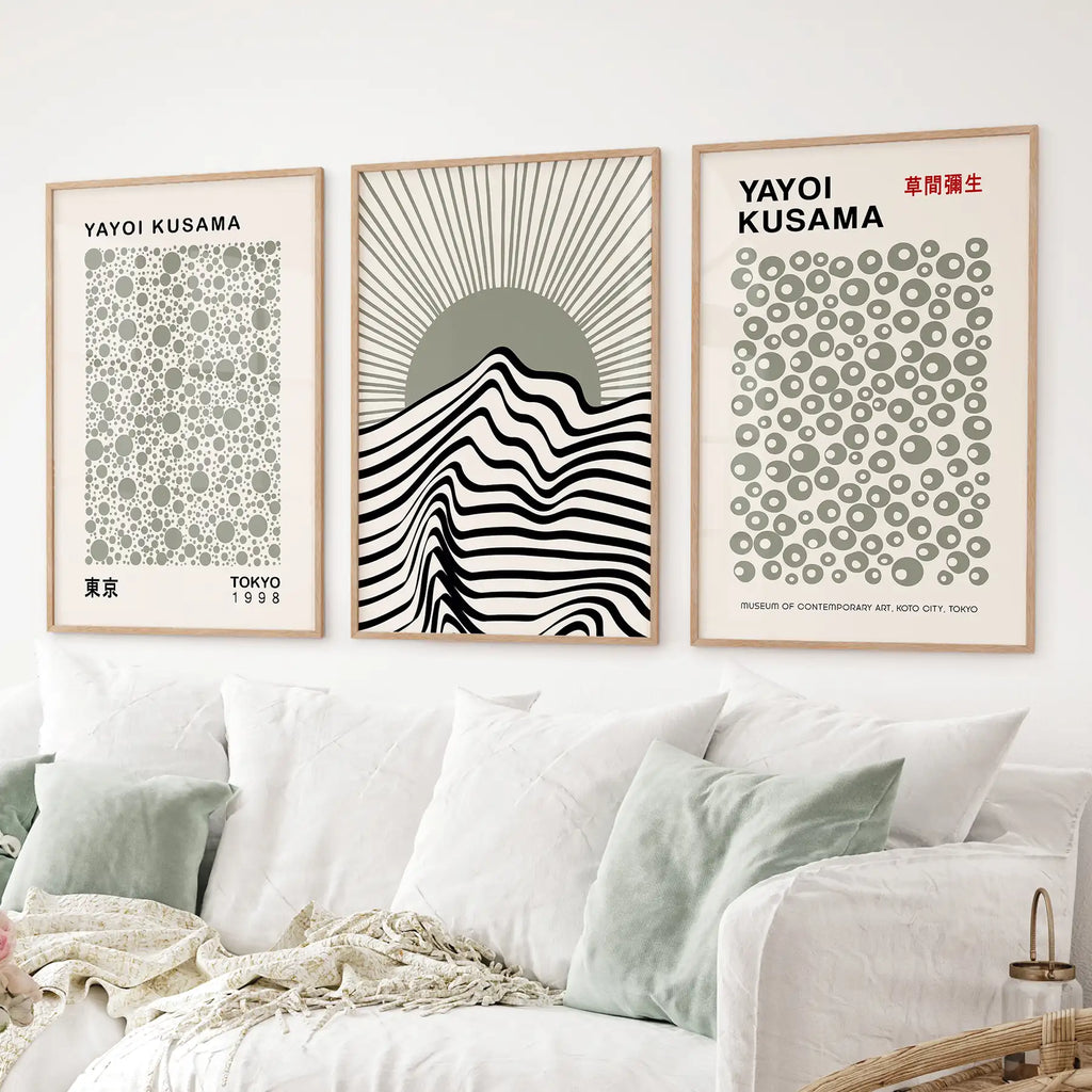 Exhibition Style Wall Art. Set of 3 Sage Green Bauhaus Prints for Apartment or Dorm