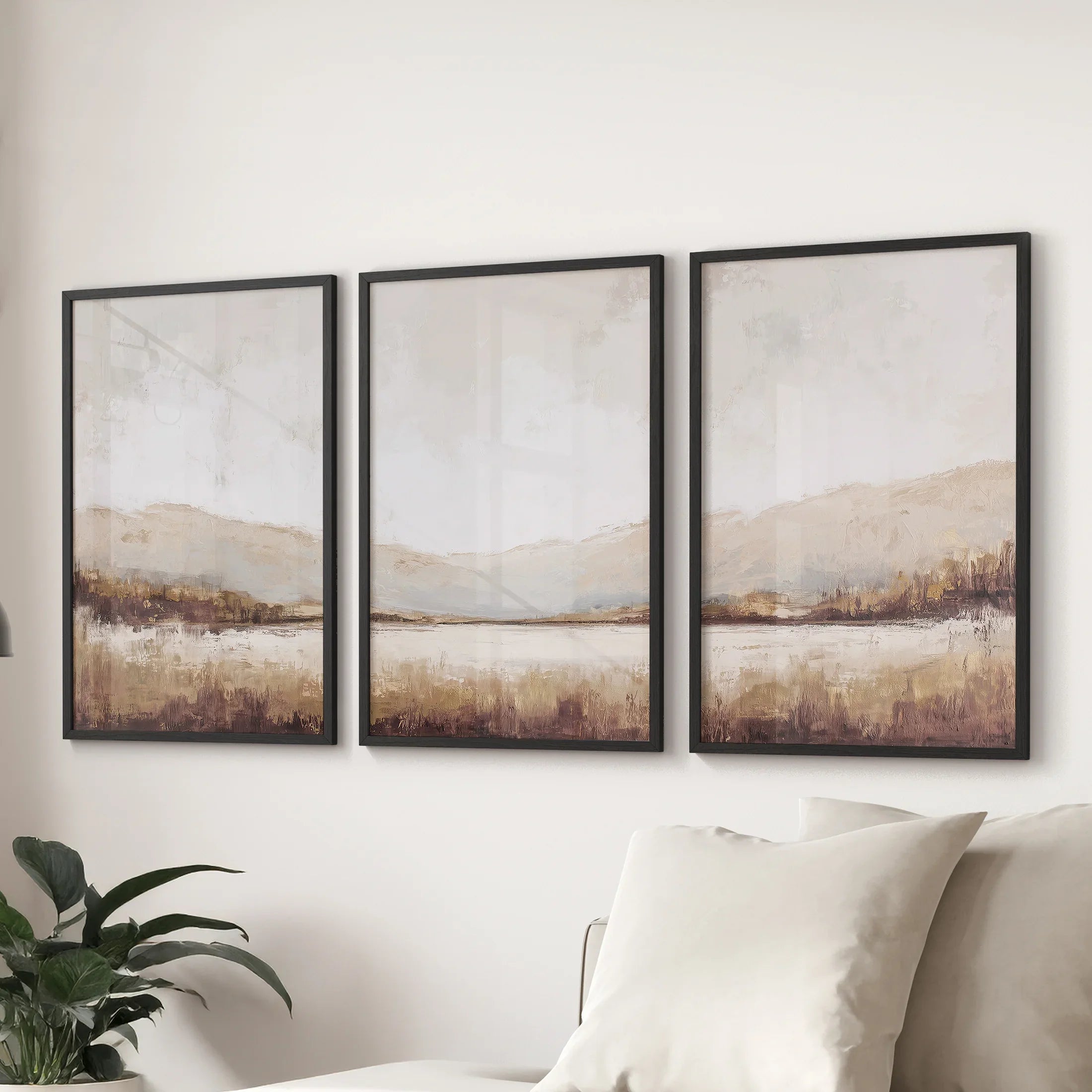 Neutral Beige Brown Landscape Tryptich. Set of 3 Art Prints