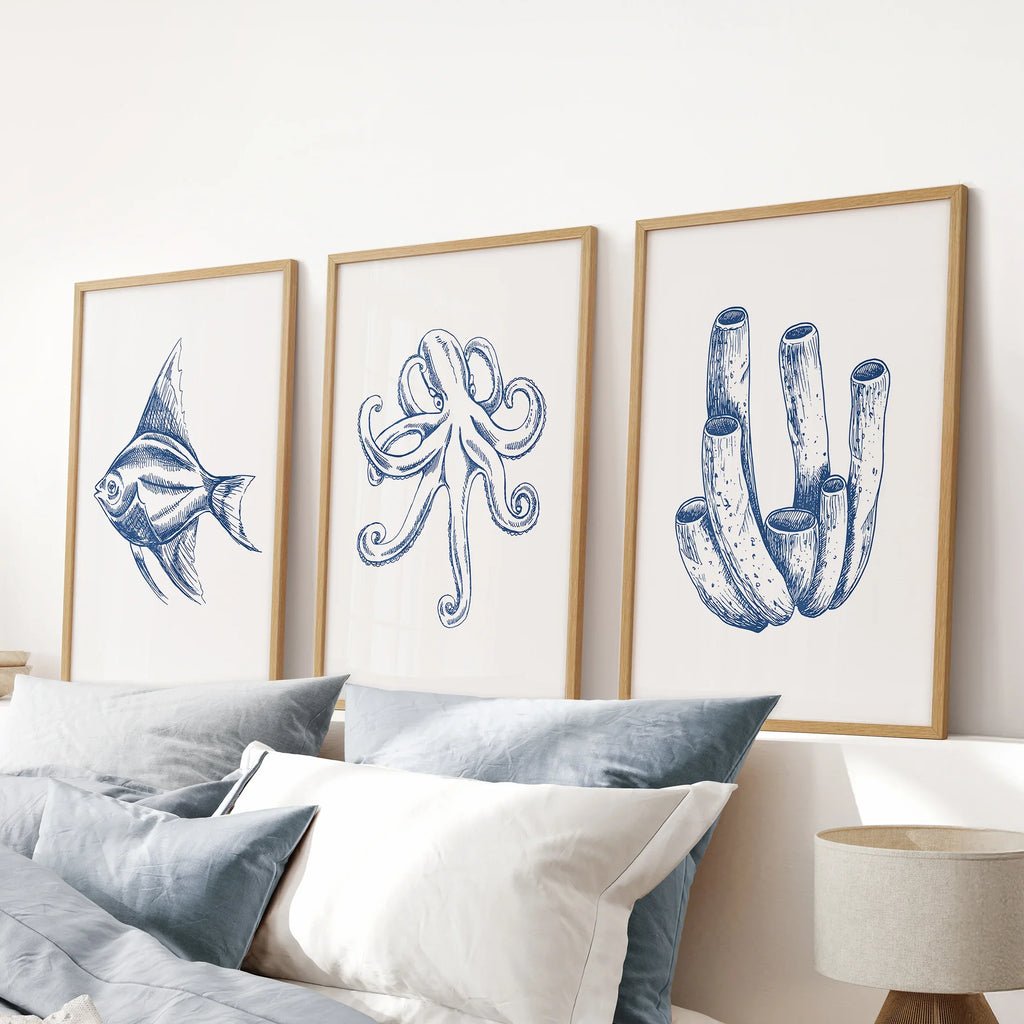 3 Piece Marine Themed Wall Art Set. Octopus, Fish, Coral
