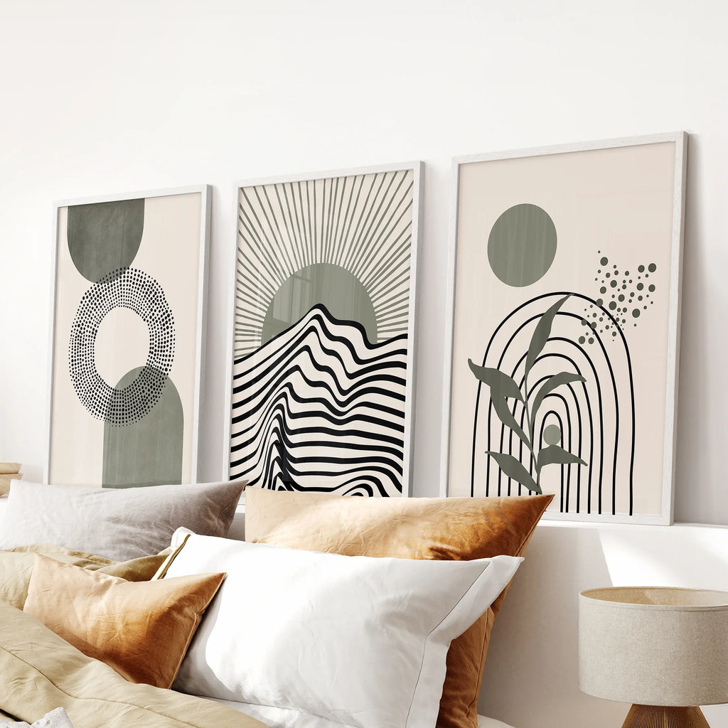 Boho Sage Green 3 Piece Wall Art. Mid-Century Art Prints for Living Room