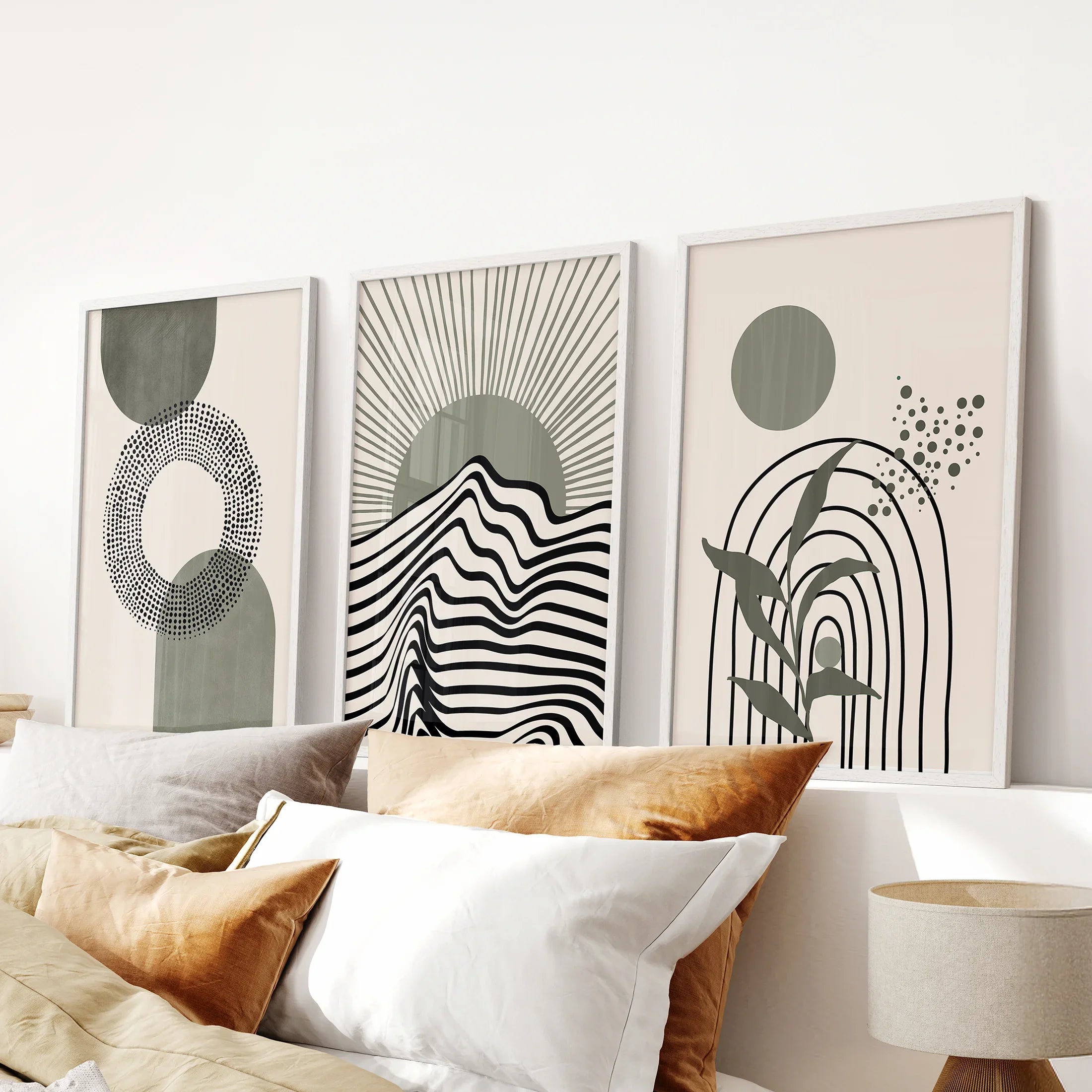 Boho Sage Green 3 Piece Wall Art. Mid-Century Art Prints for Living Room