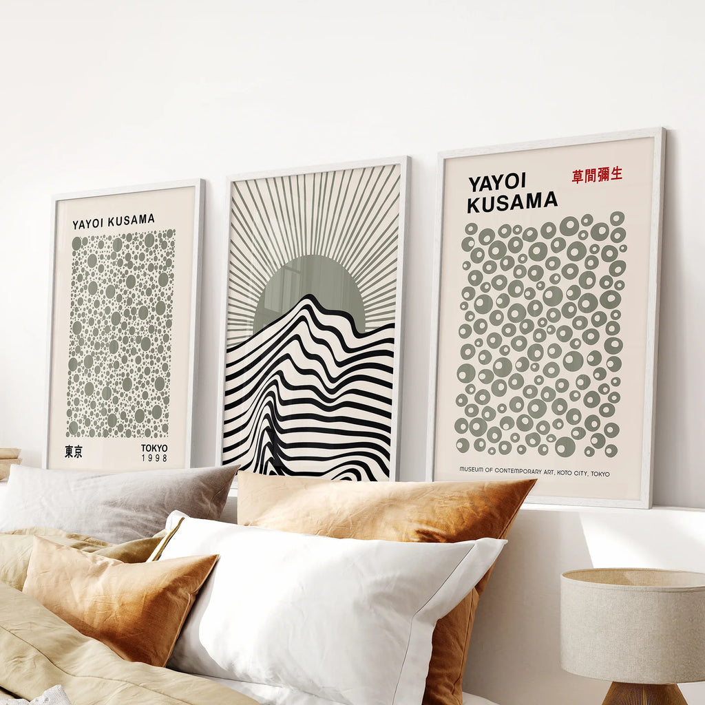 Exhibition Style Wall Art. Set of 3 Sage Green Bauhaus Prints for Apartment or Dorm