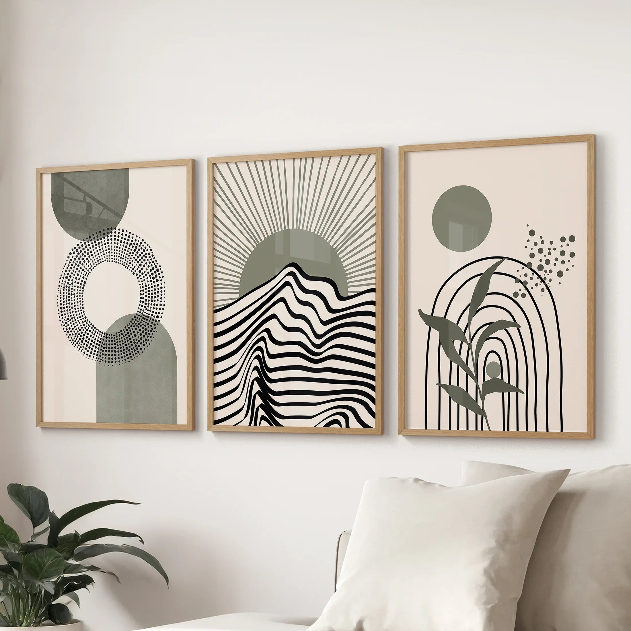 Boho Sage Green 3 Piece Wall Art. Mid-Century Art Prints for Living Room