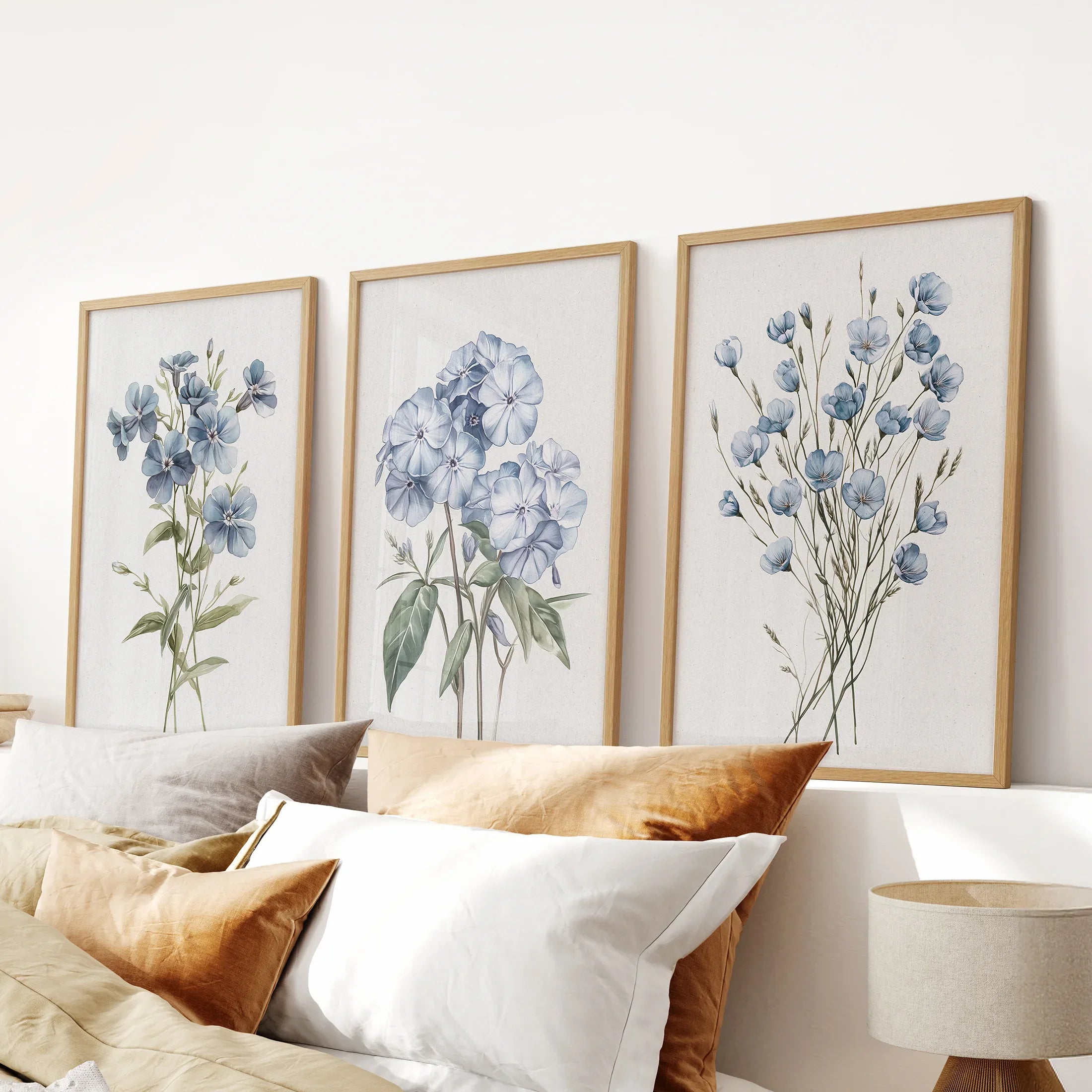 Watercolor Blue Flowers Wall Art. Set of 3 Prints