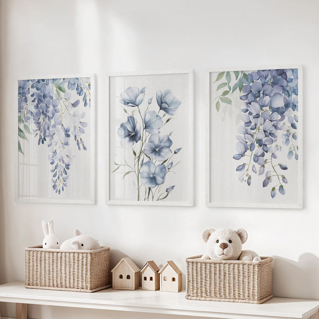 Blue Wall Art Set of 3. Wisteria, Flax Botanical Prints