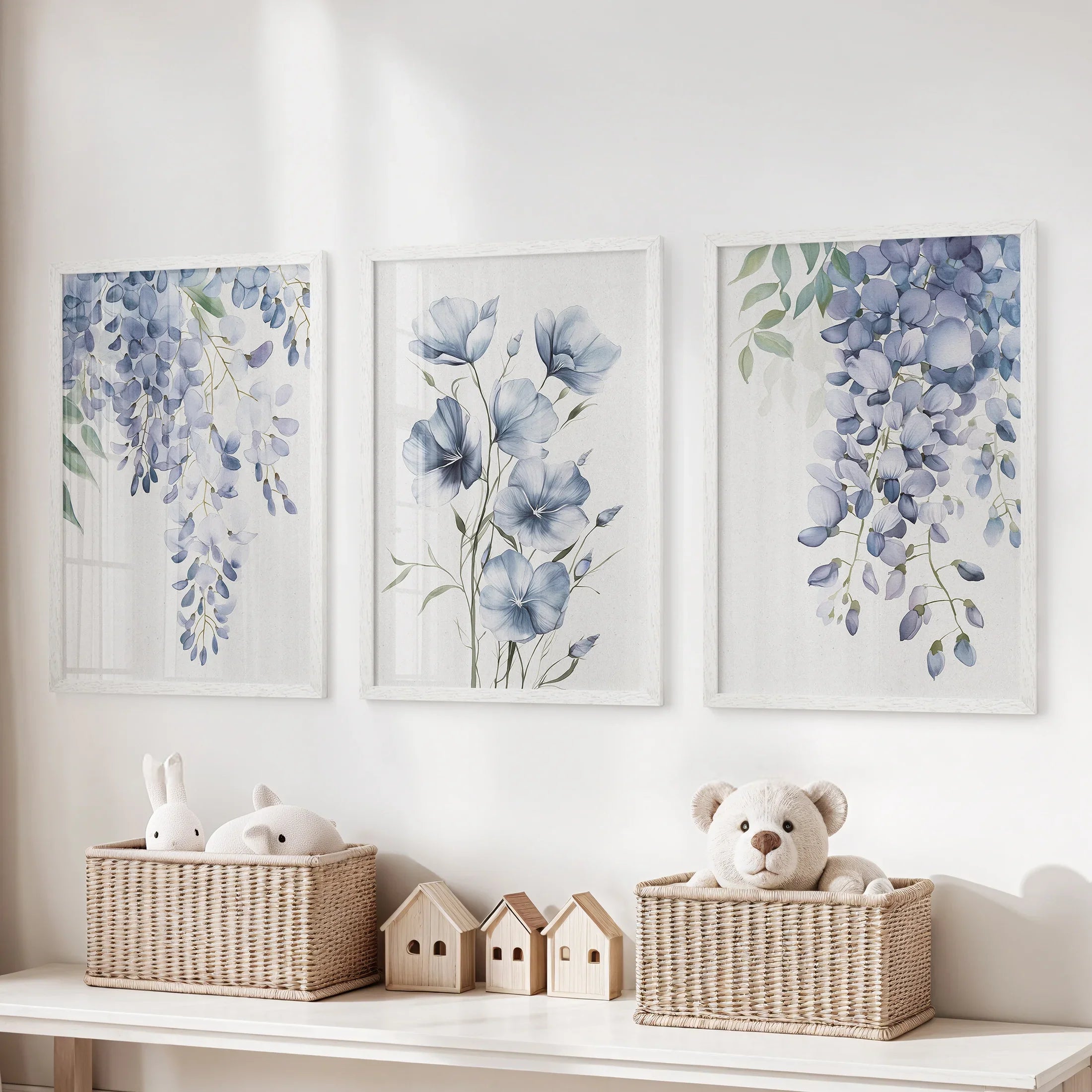 Blue Wall Art Set of 3. Wisteria, Flax Botanical Prints