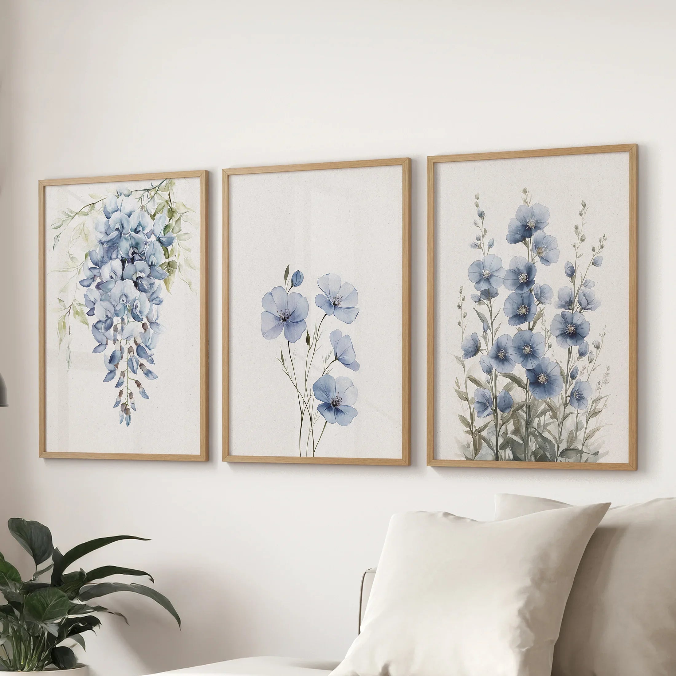 Blue Floral Watercolor Art Set of 3. Elegant Prints